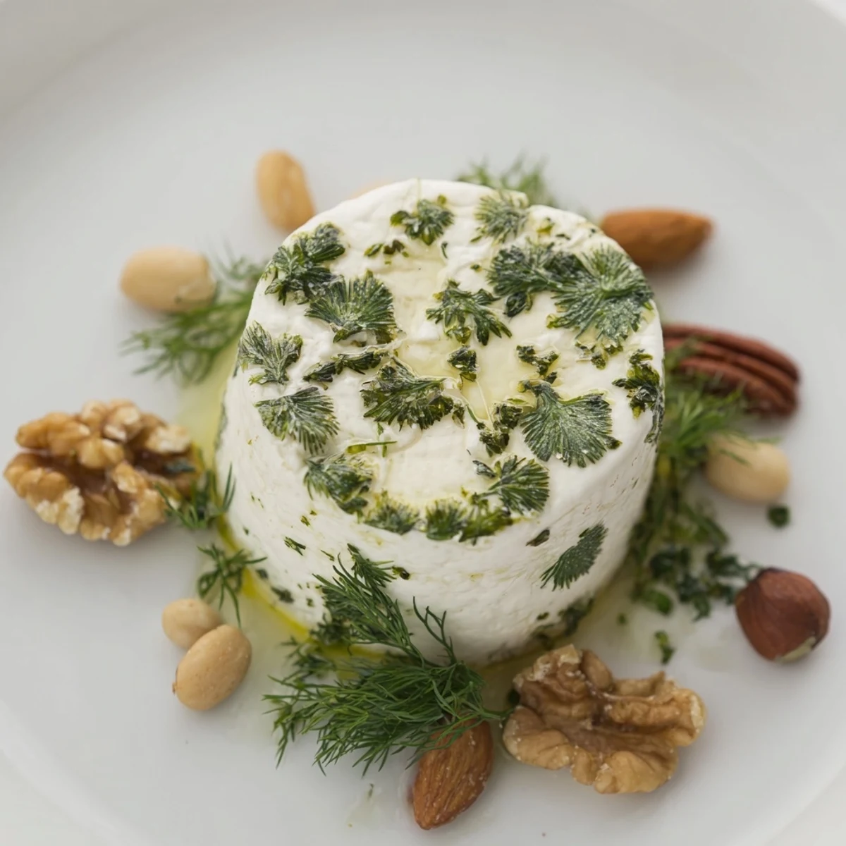 Delicious "Fossil Record" appetizer: A plate of creamy cheese decorated with fresh herb fossils, surrounded by nuts.
