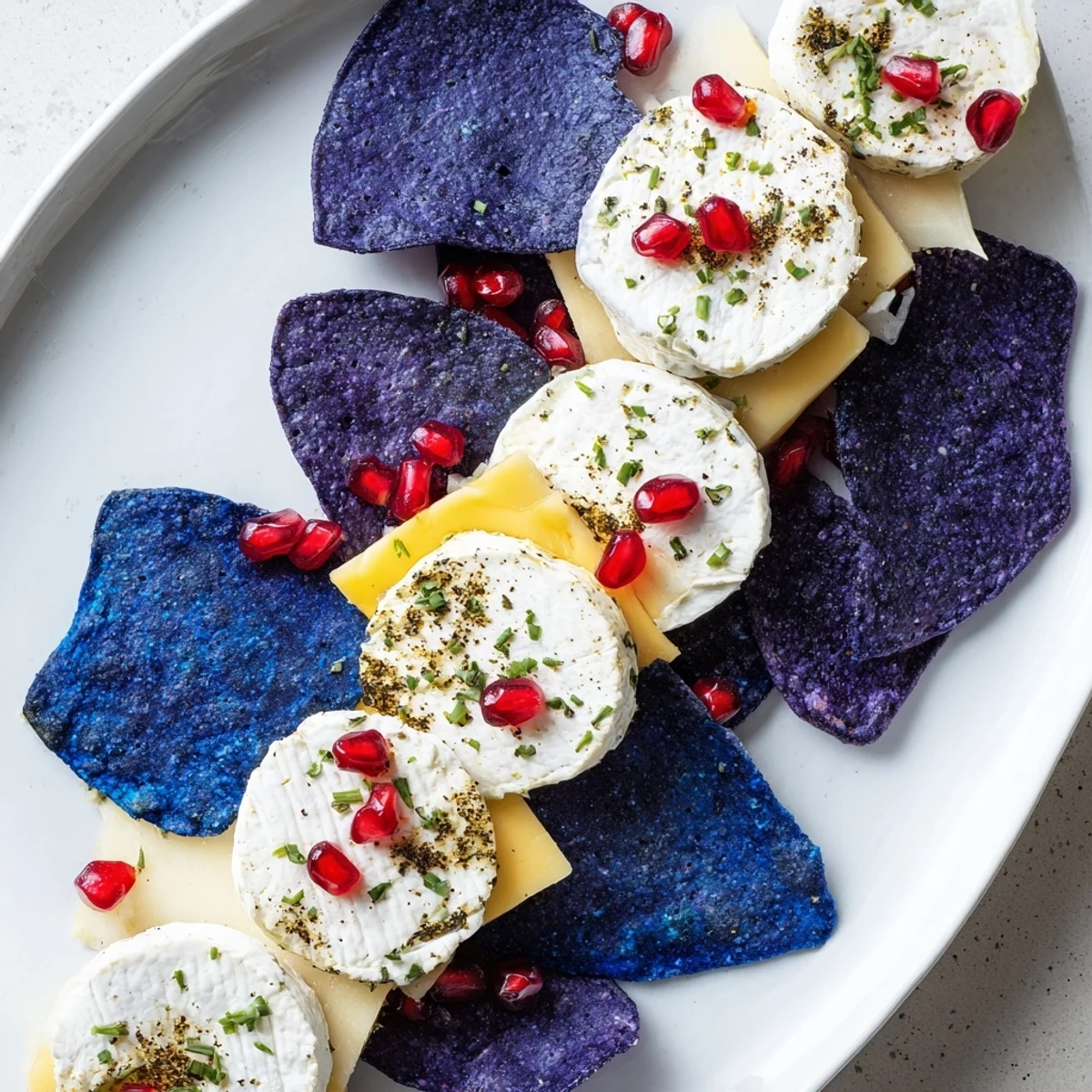 A close-up of the Stepping Stones appetizer, featuring creamy cheeses as "stones" over blue chips.