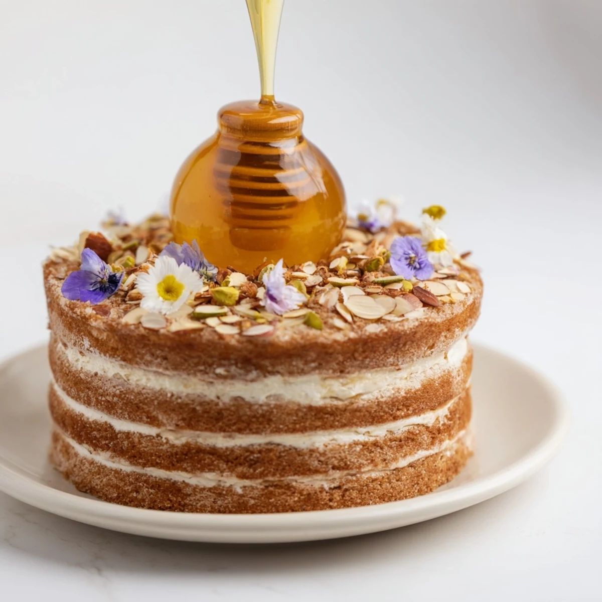 Golden The Honey-Drip dessert, layered cake with a central honey pot for dipping, garnished with almonds.