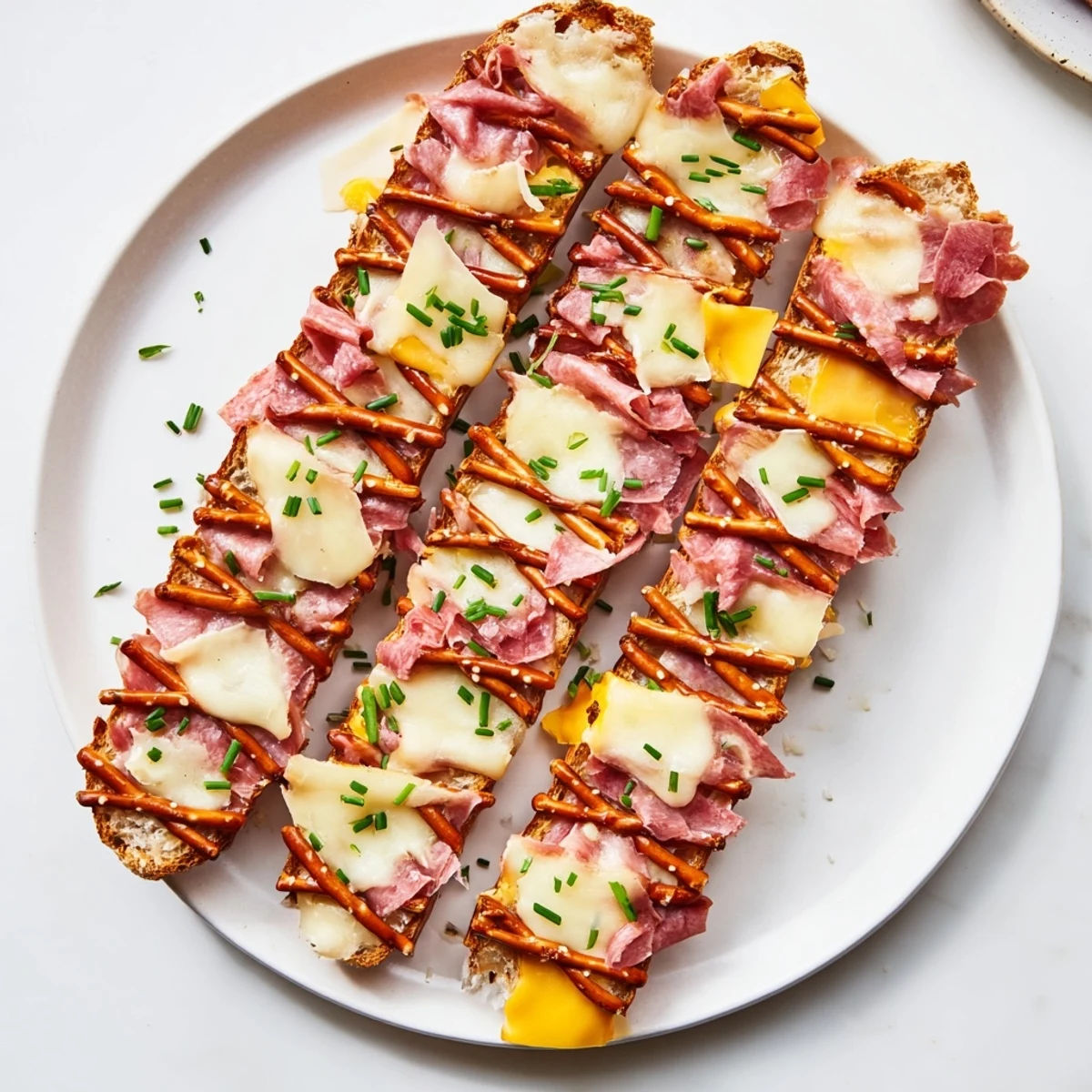 A beautifully constructed Lattice Window appetizer with colorful meats, cheeses, and a pretzel lattice.