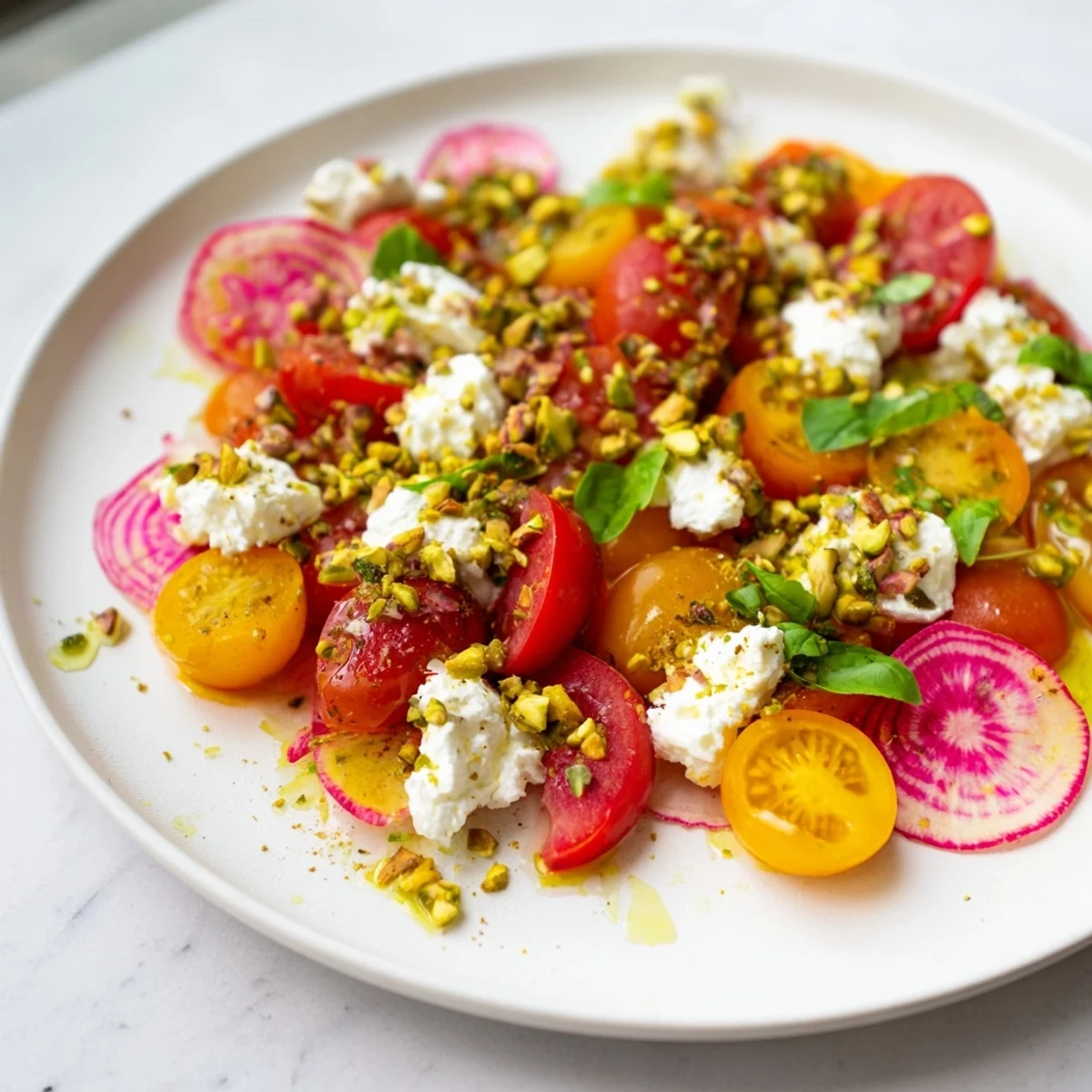 Beautiful presentation of Hanging Gardens, an edible garden appetizer, with hummus, pesto, and flavorful dips.
