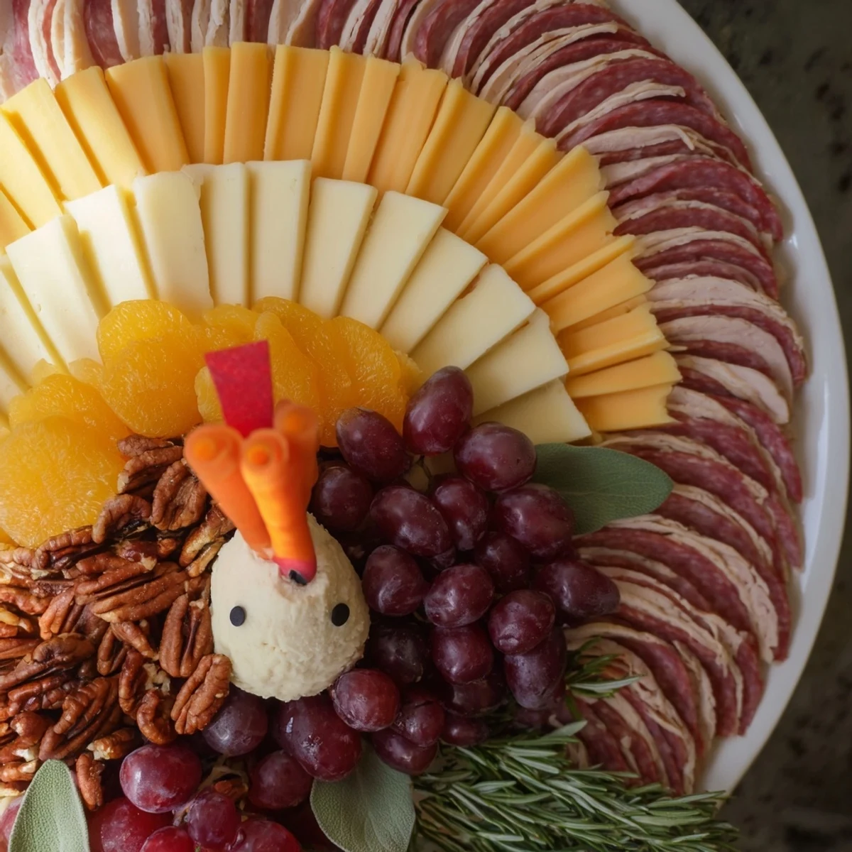 Thanksgiving-ready The Turkey Tail Fan appetizer showcasing artful arrangements of meat, cheese, and fresh garnishes.