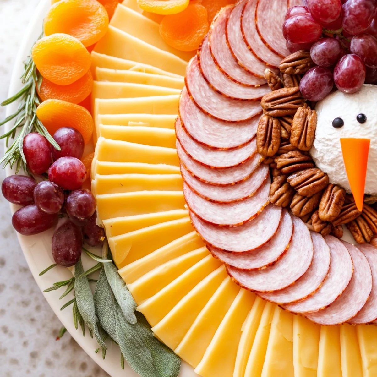 Vibrant The Turkey Tail Fan charcuterie board arranged with meats, cheeses, crackers, fruits, and nuts.