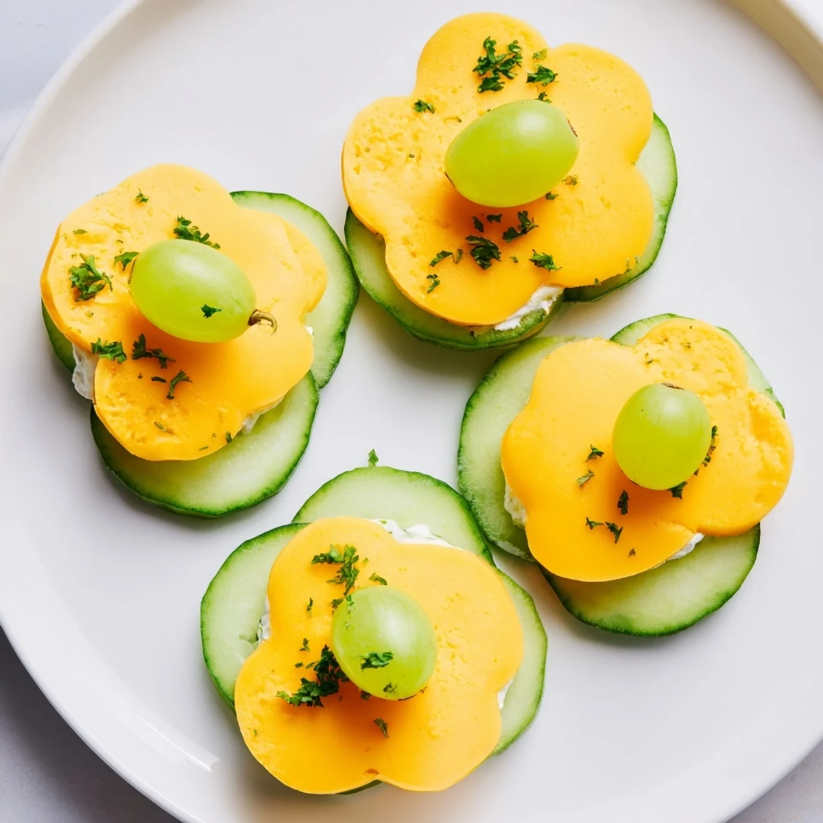 Festive Lucky Four-Leaf Clover Snack made with cucumber, cheese, and a fresh green stem.