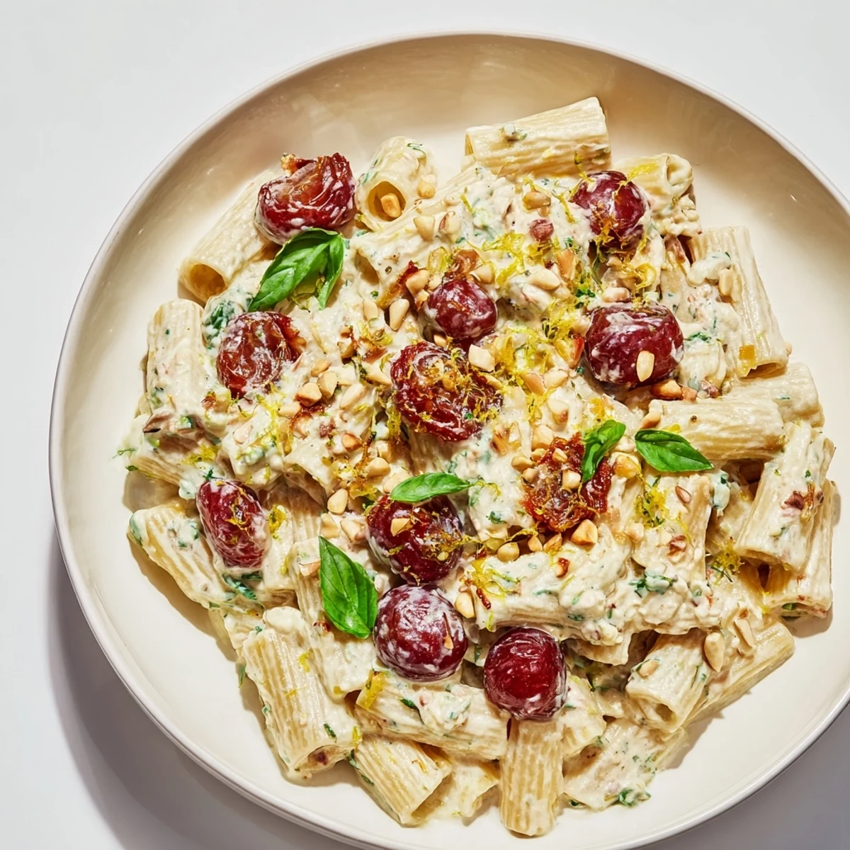 Pasta with Roasted Grapes and Ricotta: A beautiful plate of creamy pasta with blistered grapes.