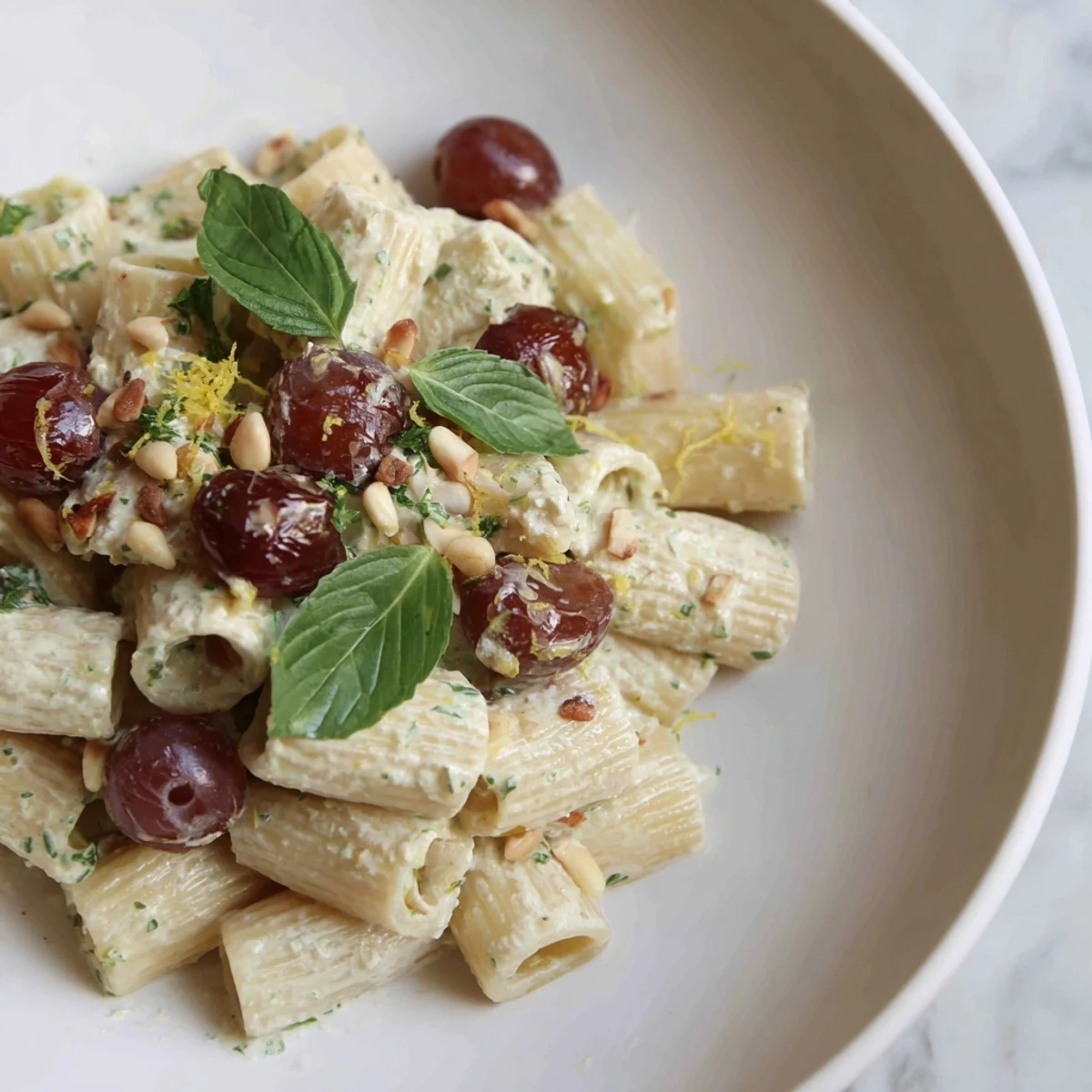 Pasta with Roasted Grapes and Ricotta, featuring juicy grapes over perfectly cooked pasta and ricotta.