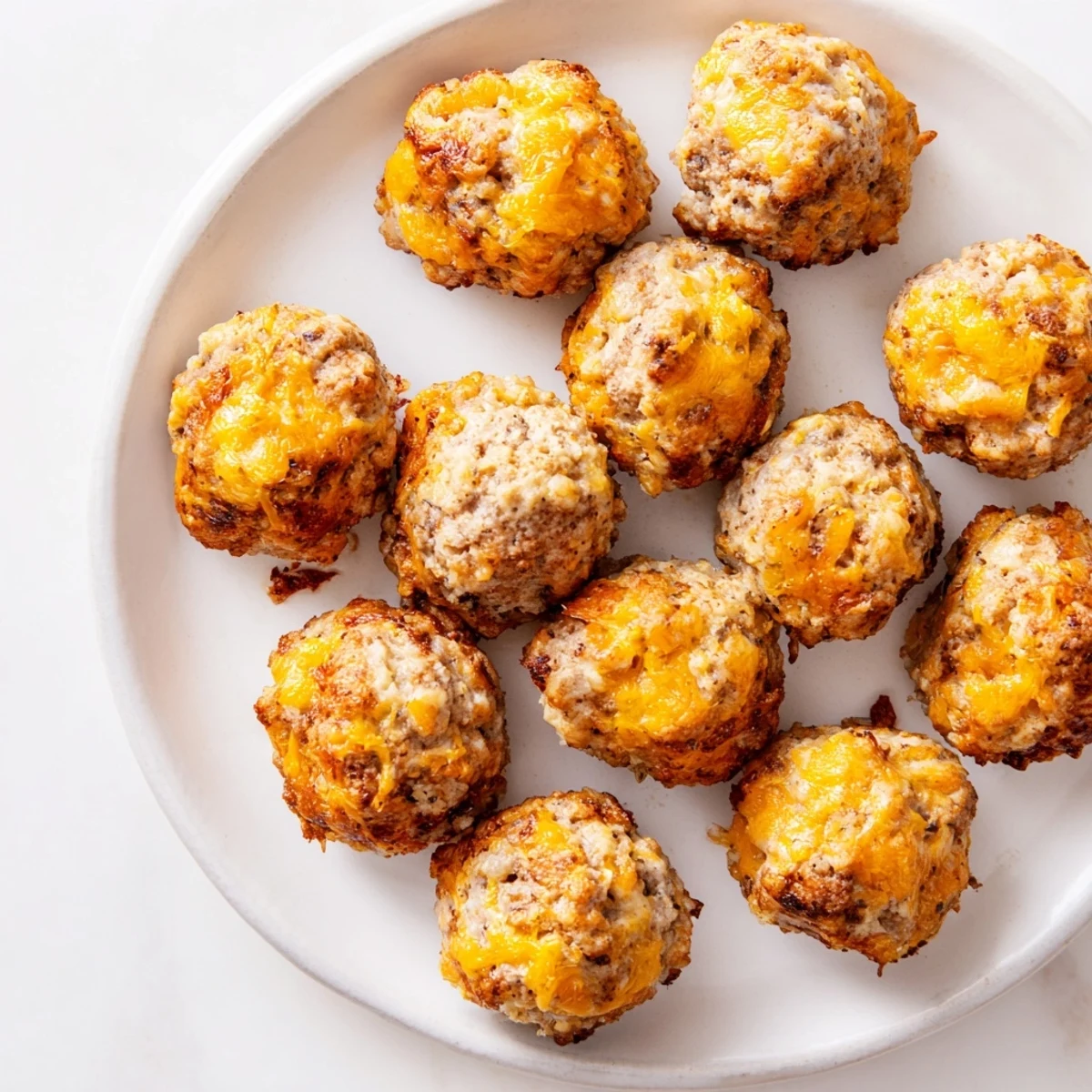 Golden brown Chicken and Sausage Bisquick Balls, perfect for a party, with melted cheese visible.