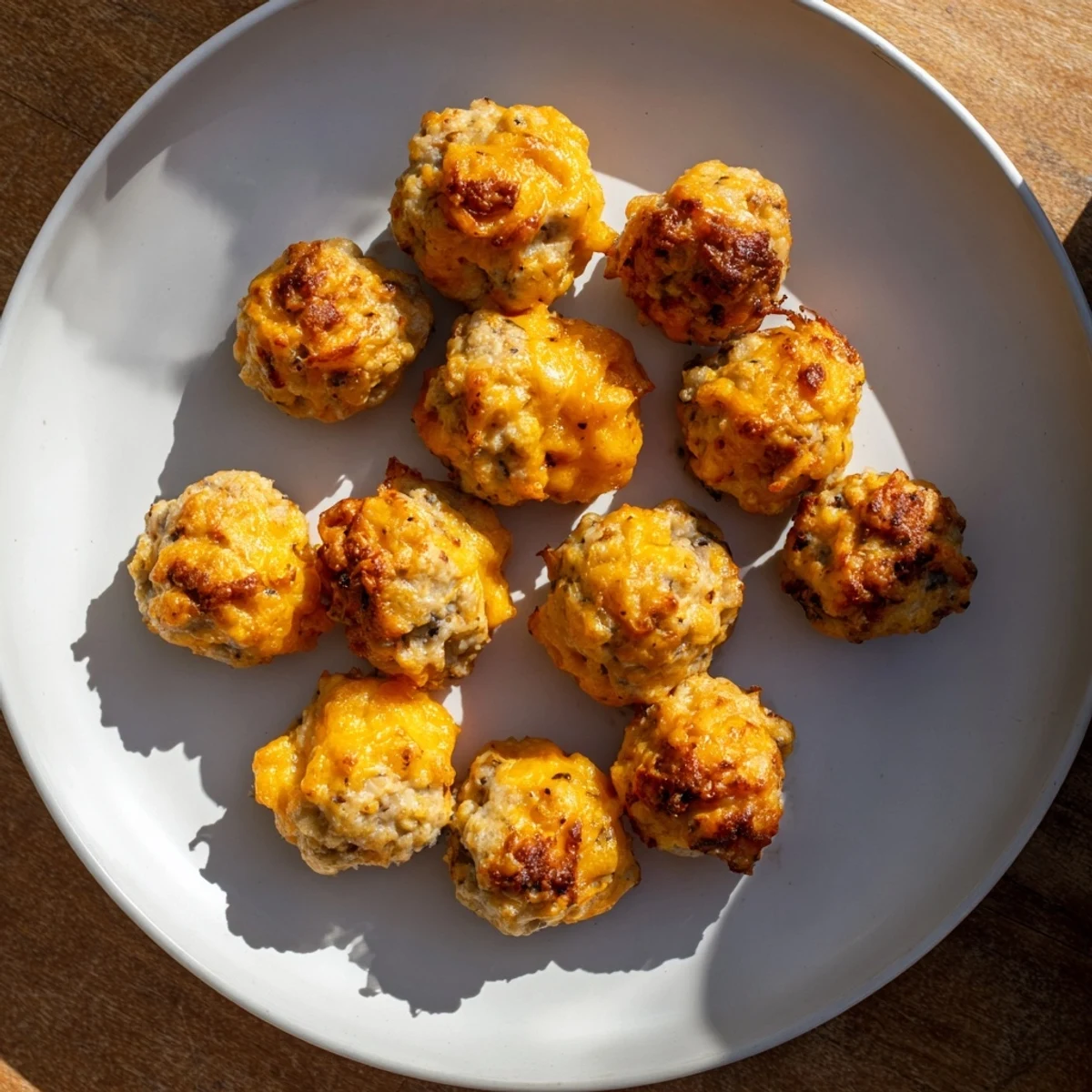 Close-up of savory Chicken and Sausage Bisquick Balls, smelling of garlic and freshly baked goodness.
