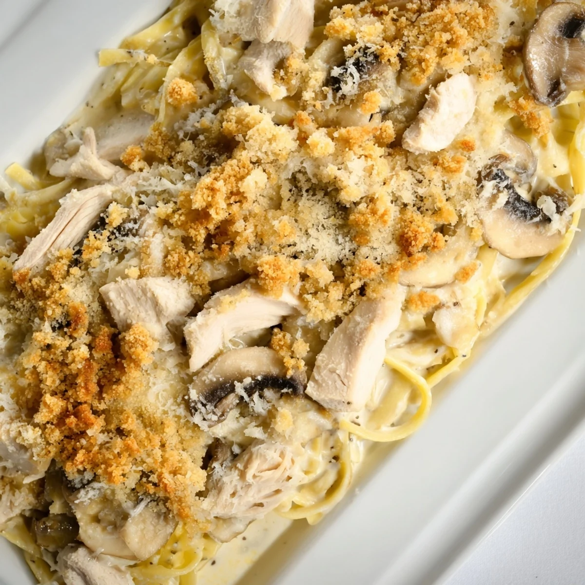 Golden-crusted Turkey Tetrazzini with tender turkey and pasta, smothered in creamy, rich sauce.