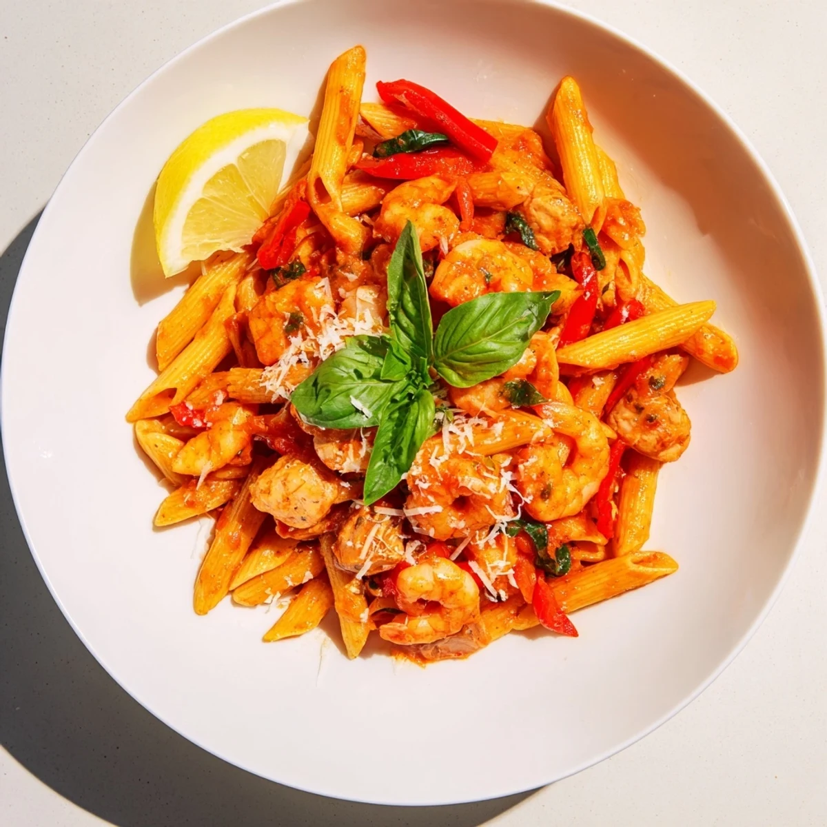 One-Pot Diavola Pasta features spicy tomato sauce coating chicken, shrimp, and penne with Parmesan.