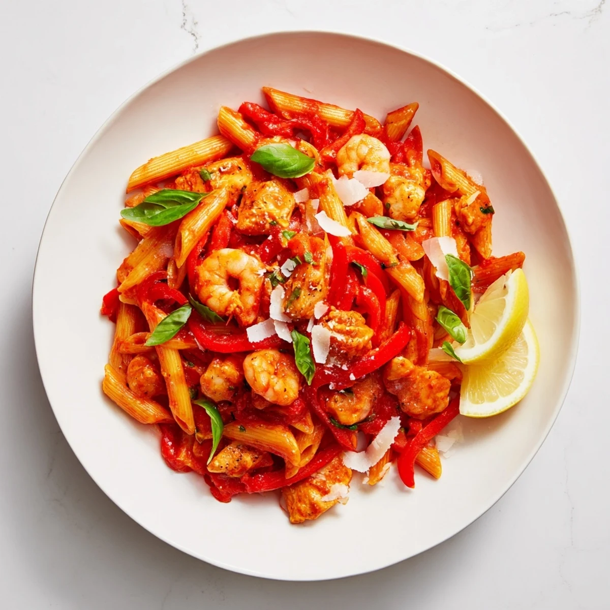 This One-Pot Diavola Pasta shows a delicious, steaming bowl of pasta with fresh basil and shrimp.