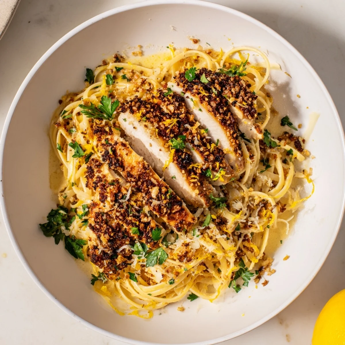 Tender lemon brûlée chicken atop creamy pasta, a delicious recipe, ready to serve.