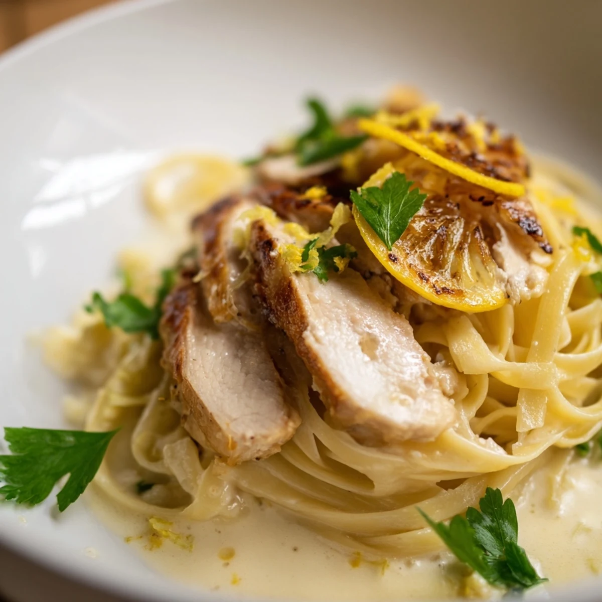 Sliced lemon brûlée chicken is the star of this pasta dish, offering sweet, tangy flavors.