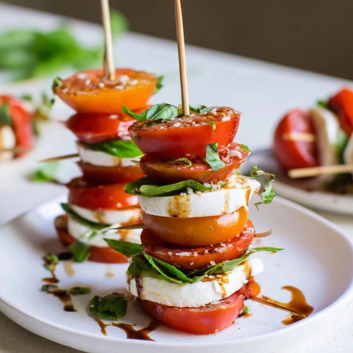 A beautifully arranged Tuscan Pillar appetizer showing layered tomatoes, mozzarella, and basil.