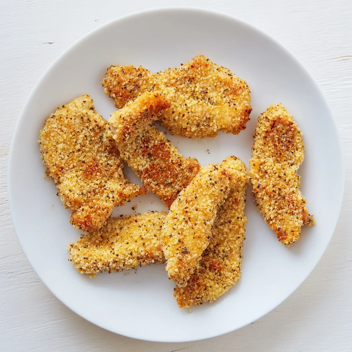A close-up shot of seasoned air-fried chicken tenders displaying the crunchy, flavorful breading.