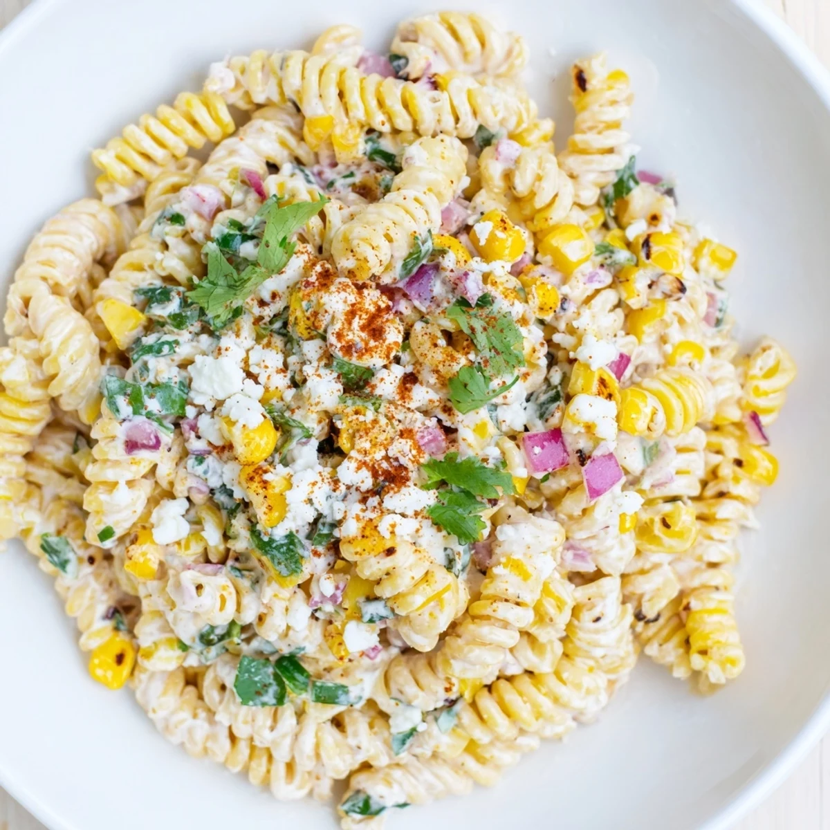 This delicious creamy street corn pasta salad showcases a swirl of pasta, crisp corn, and a creamy dressing, ready to eat.