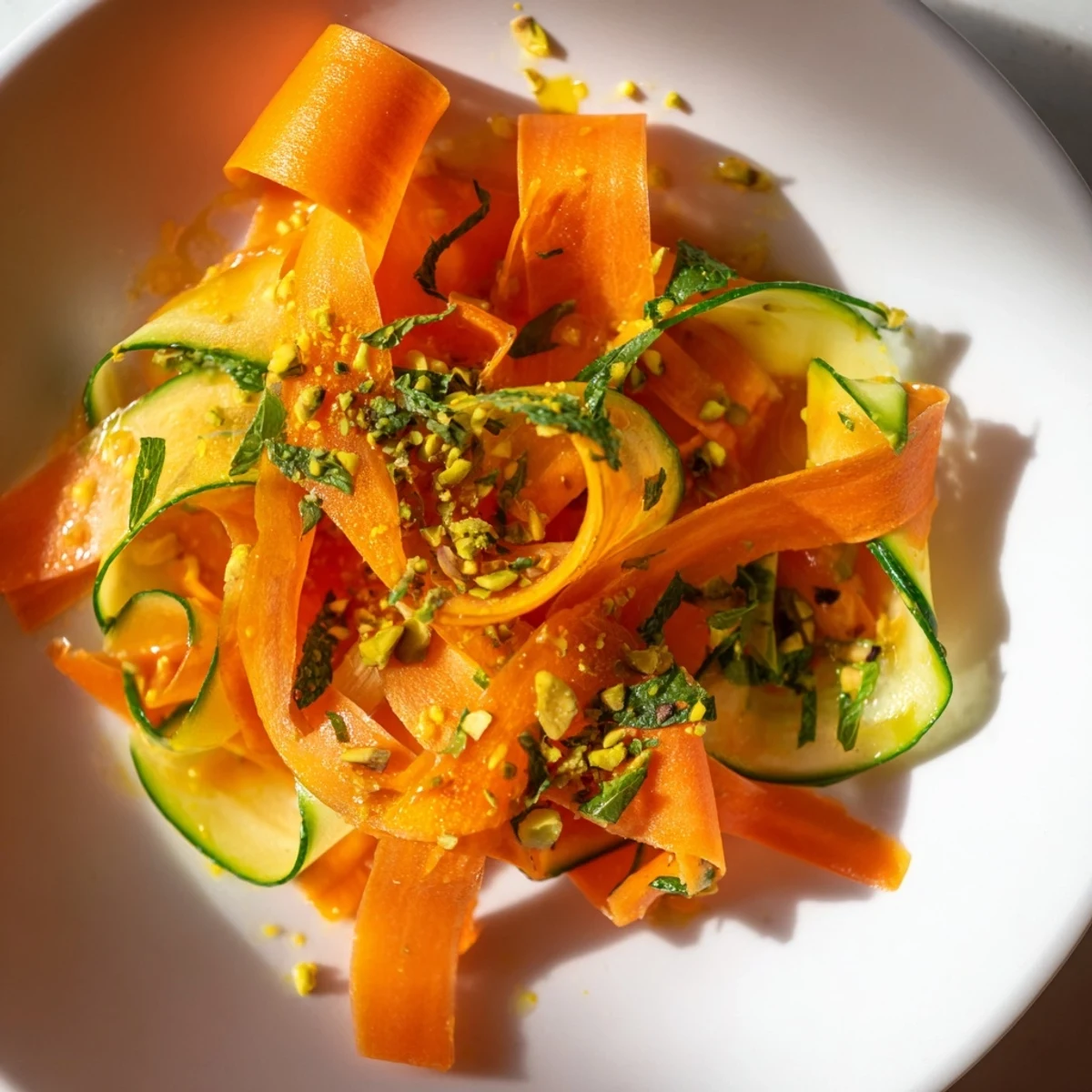 A brightly lit Citrus Carrot Ribbon Salad, with vibrant carrot ribbons and orange segments.