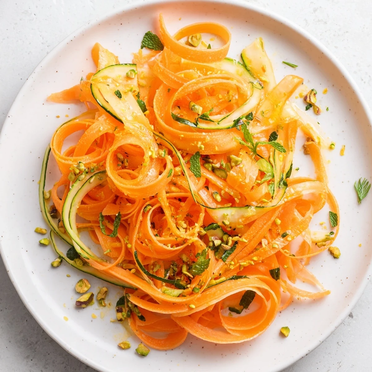 Up-close shot of a colorful Citrus Carrot Ribbon Salad, with a sweet honey dressing perfectly tossed.