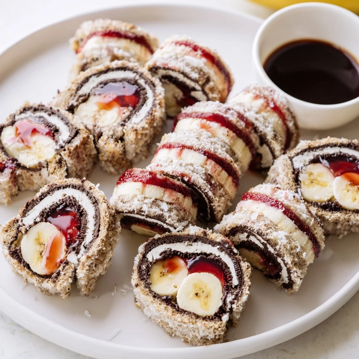 Oreo cookie sushi rolls, a fun dessert, are served with rich chocolate soy dipping sauce.