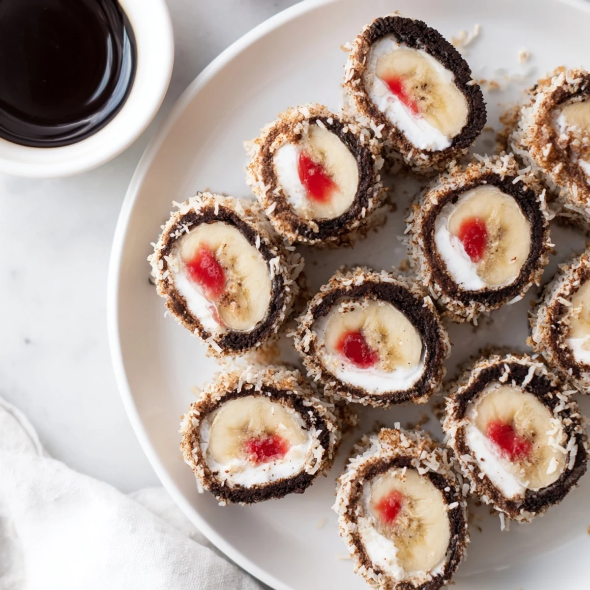 Close-up of freshly sliced Oreo cookie sushi rolls with sprinkles alongside dipping sauce.