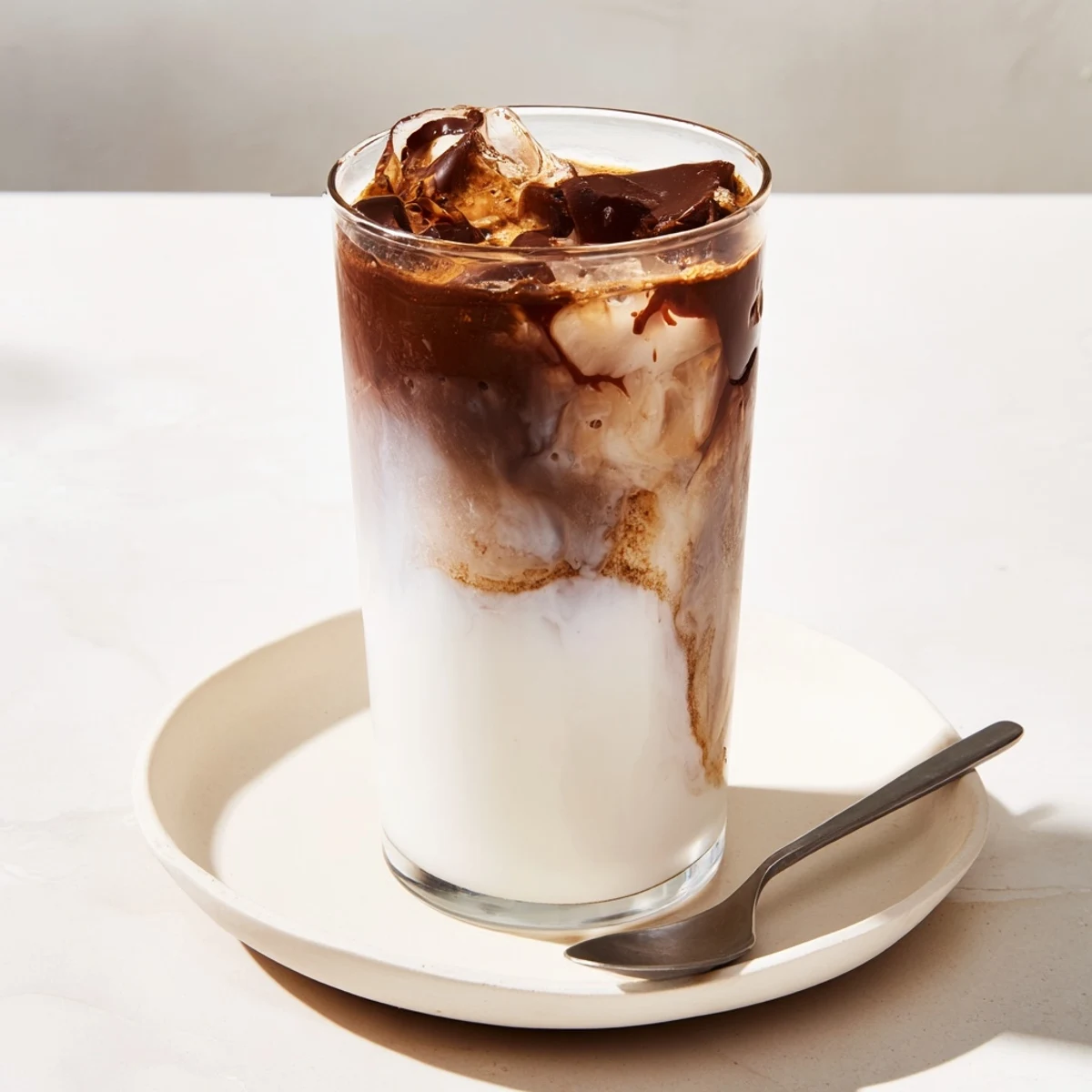 A close-up of a Chocolate Cracking Iced Latte, showing a delicious, cracked chocolate top ready to be stirred.