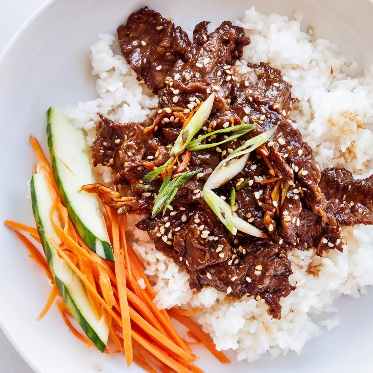 Fragrant Bulgogi Beef Bowl featuring tender, glistening beef over fluffy rice, garnished with crisp vegetables.