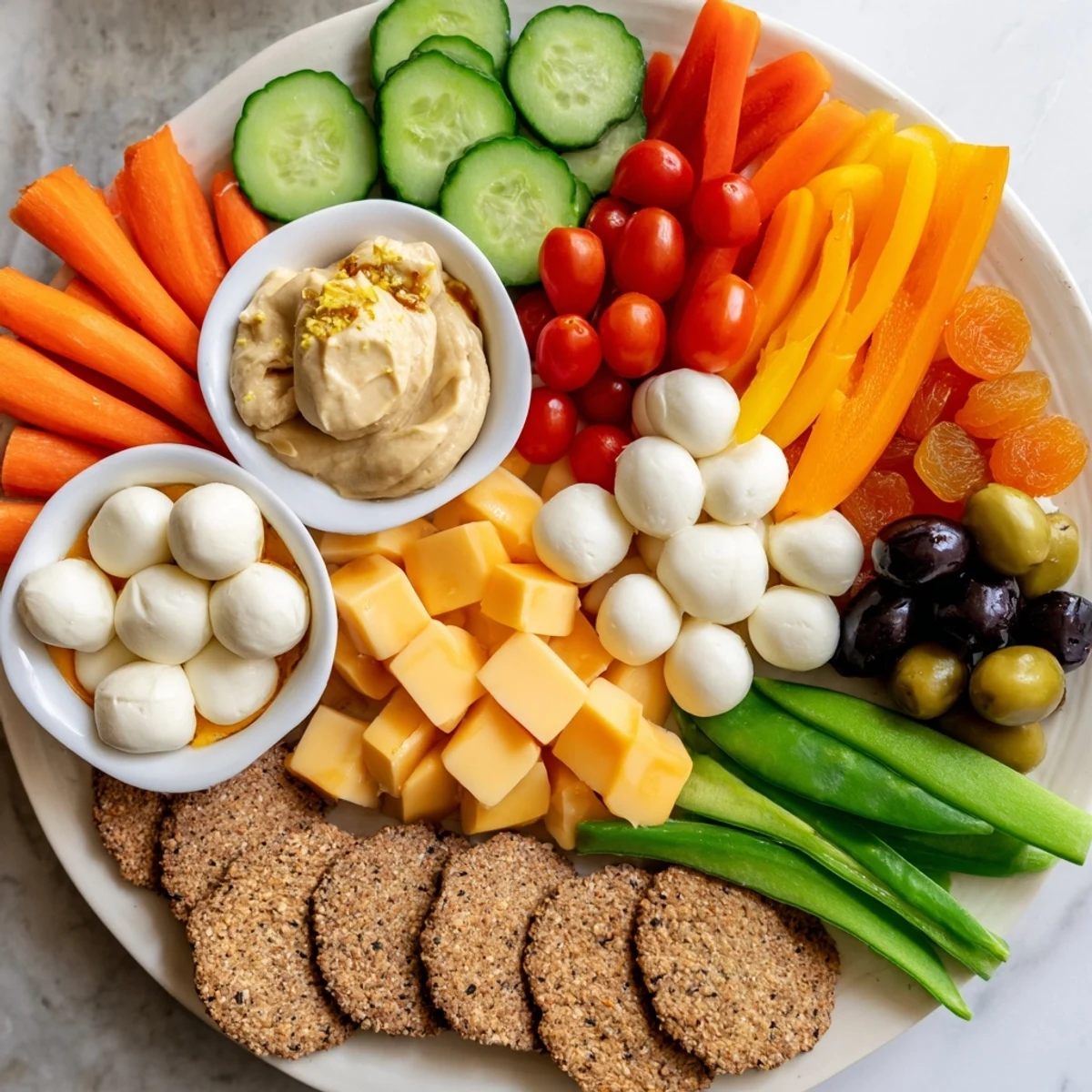 Beautifully arranged Veggie Snack Board–Adult Lunchable bursting with colorful fresh vegetables and creamy dips.