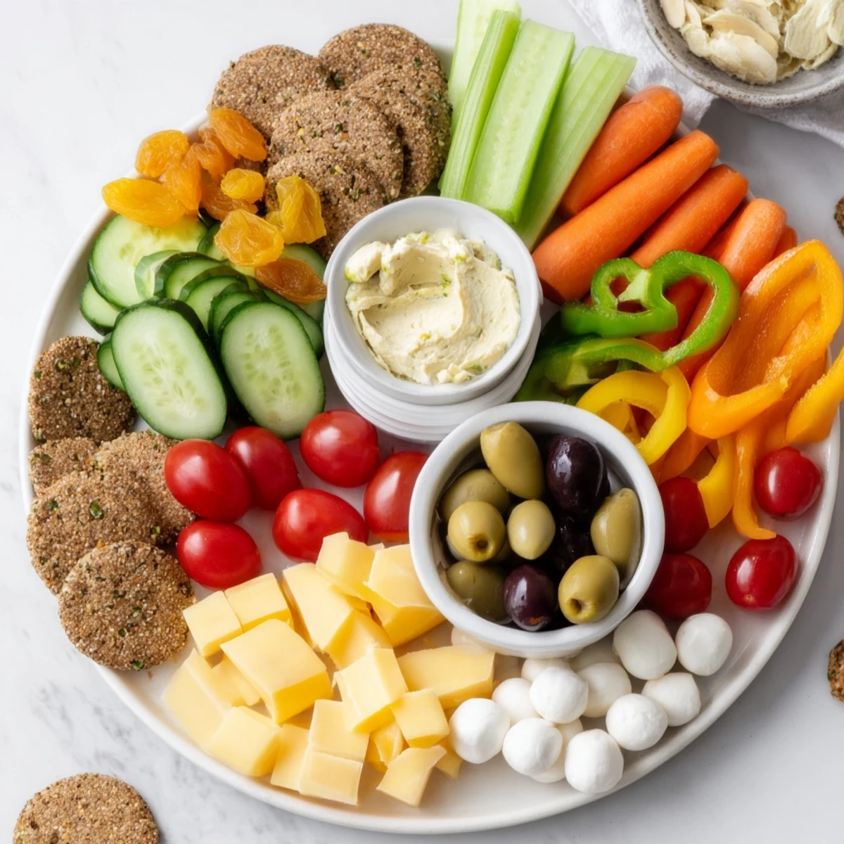 A bountiful Veggie Snack Board–Adult Lunchable featuring cheddar, mozzarella, and crackers for an easy, healthy snack.