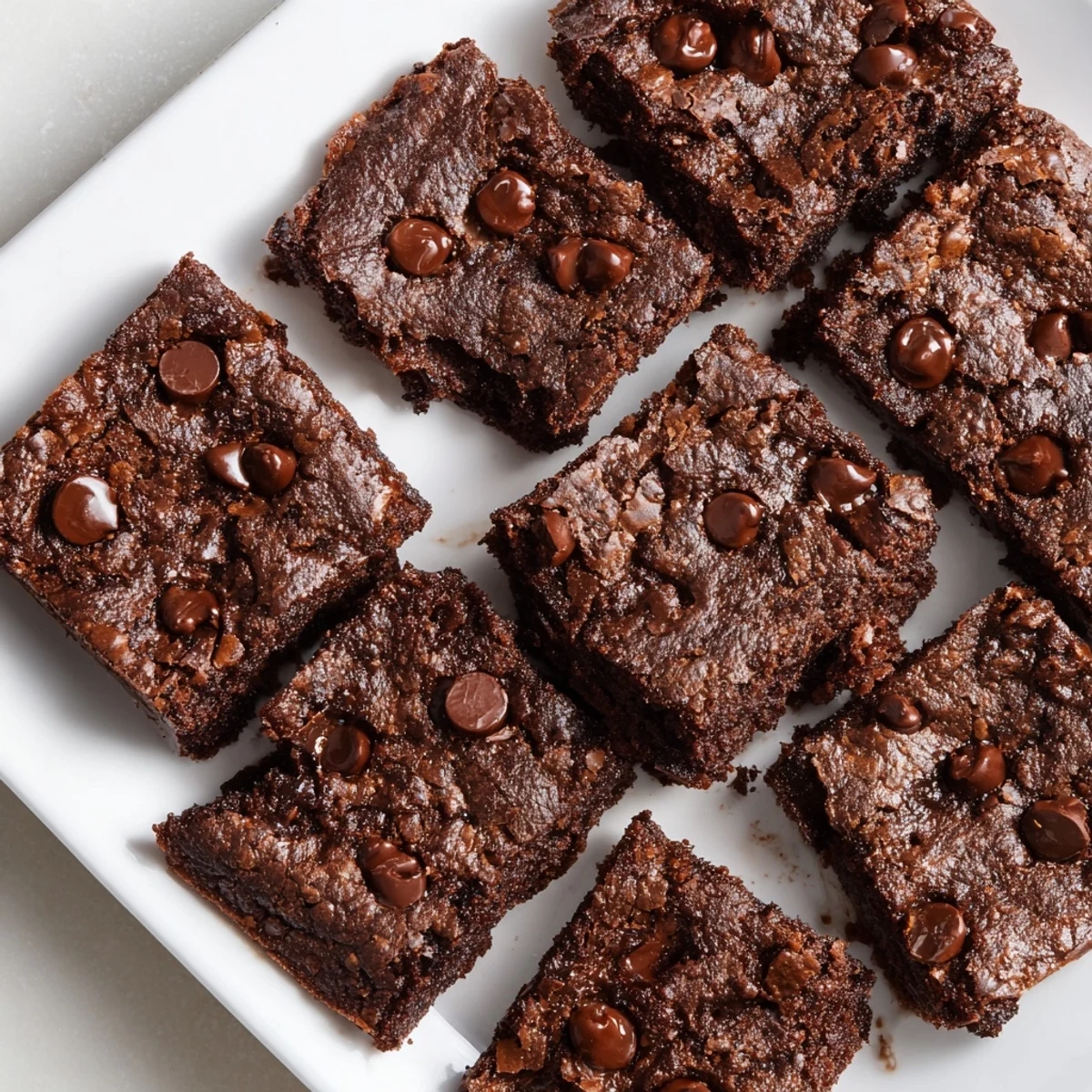 A plate of moist Greek yogurt brownies, topped with chocolate chips for extra richness.