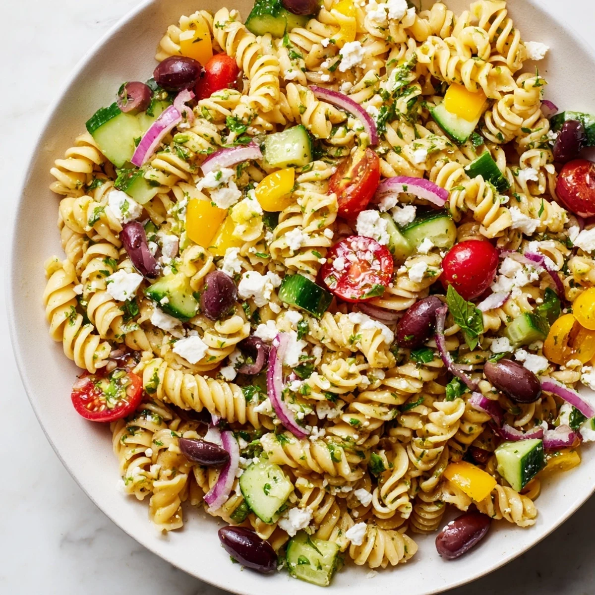 A vibrant photo of refreshing Lemon Pasta Salad with fresh herbs and colorful veggies.
