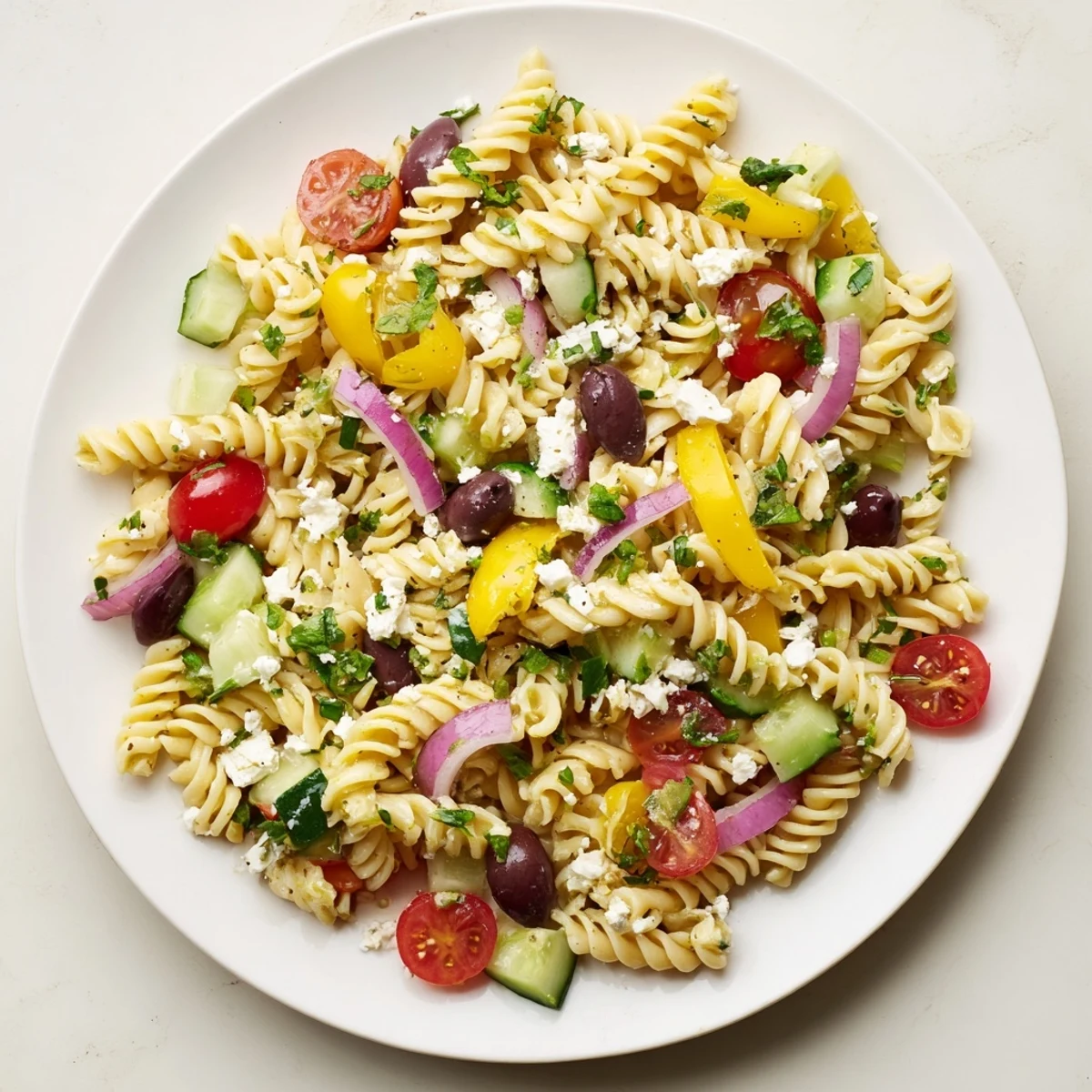 Close-up of creamy Lemon Pasta Salad, featuring feta cheese and bright, juicy cherry tomatoes.