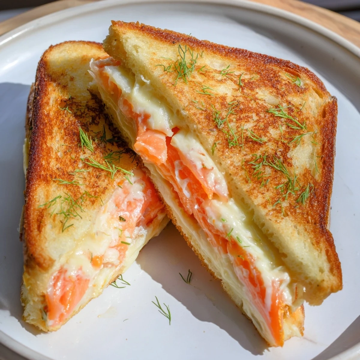 Perfectly grilled Smoked Salmon Grilled Cheese with fresh dill, ready to serve with a side salad.