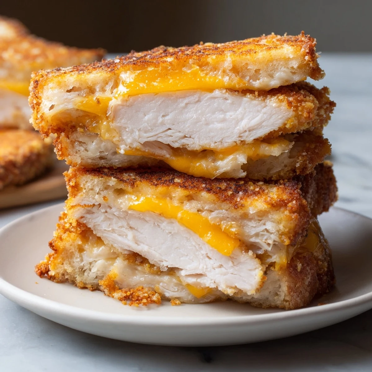 Golden-brown Crispy Panko Pork Chop Grilled Cheese with melted cheese oozing from toasted bread.