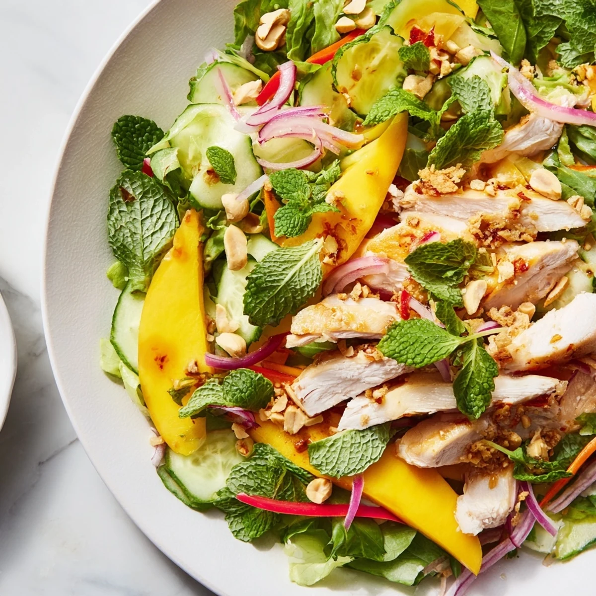 Enjoy this colorful Thai Mango Chicken Salad, lightly drizzled with zesty lime-chili dressing.