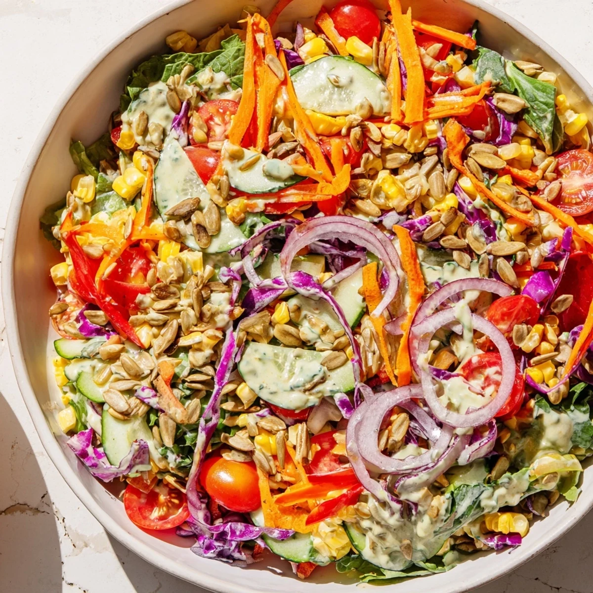 A colorful Rainbow Salad with vibrant vegetables drizzled in creamy tahini dressing, ready to enjoy.