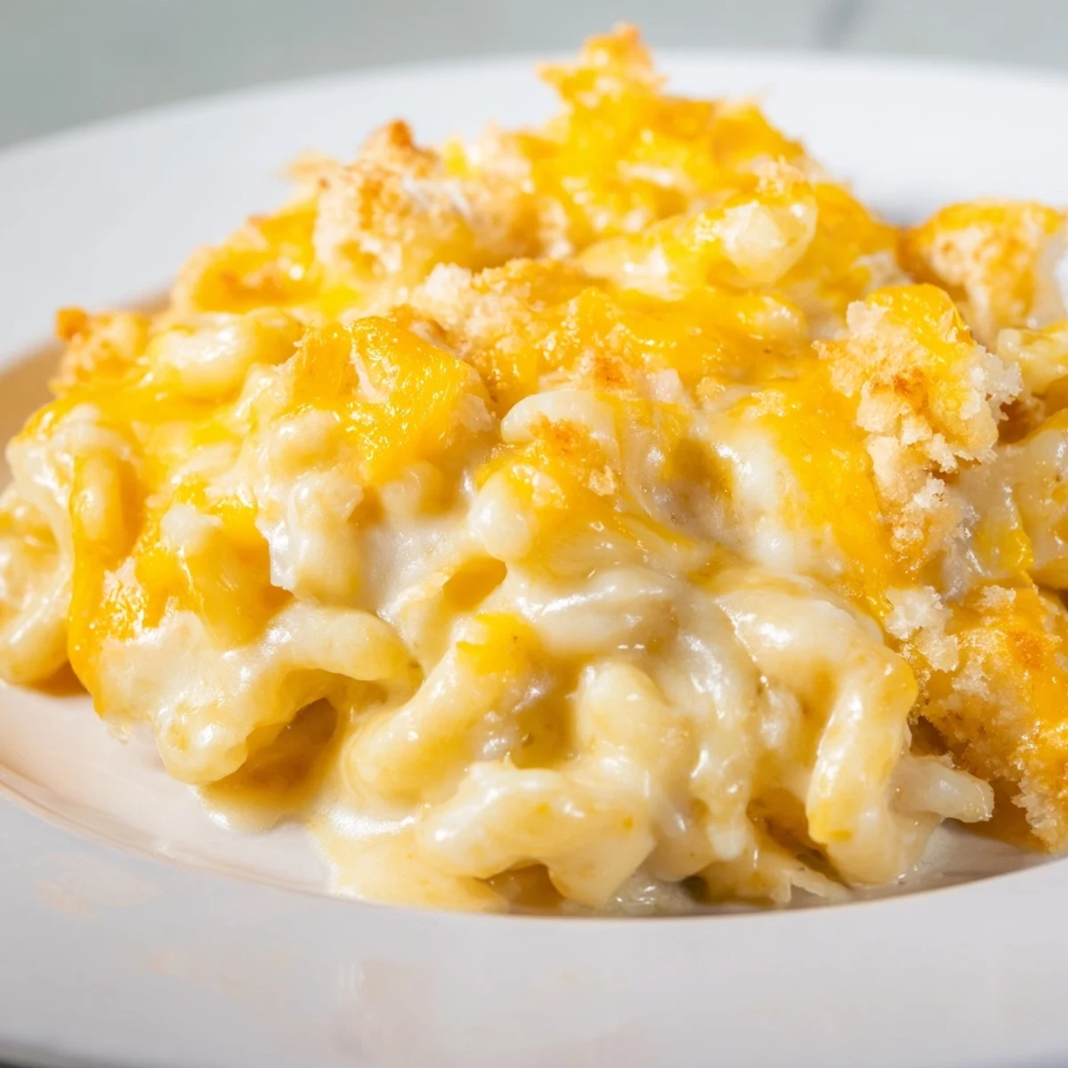 Steaming hot, golden-baked mac and cheese, a comforting American classic, ready to serve and devour.