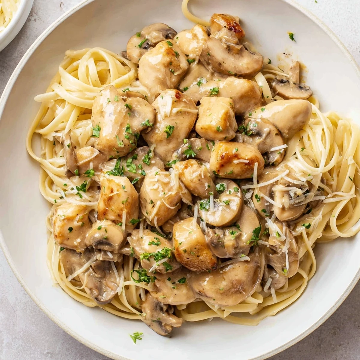 This Creamy Mushroom Chicken Pasta features golden chicken pieces and earthy mushrooms in a creamy sauce.