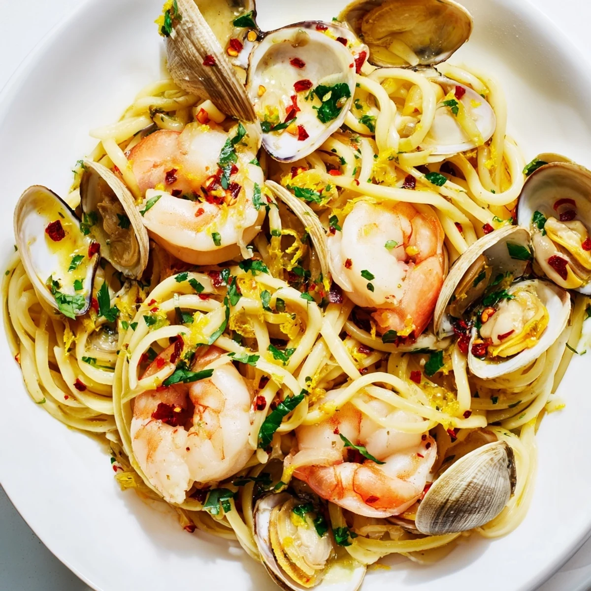 Steaming Seafood Pasta Aglio e Olio with plump shrimp and open clams, ready to serve and enjoy.