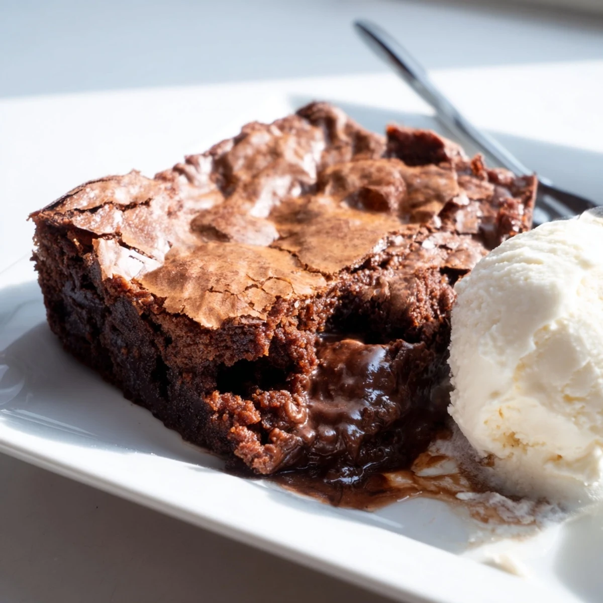 Brownie Pudding, a warm chocolate dessert with a crackly top, ready to serve with ice cream.