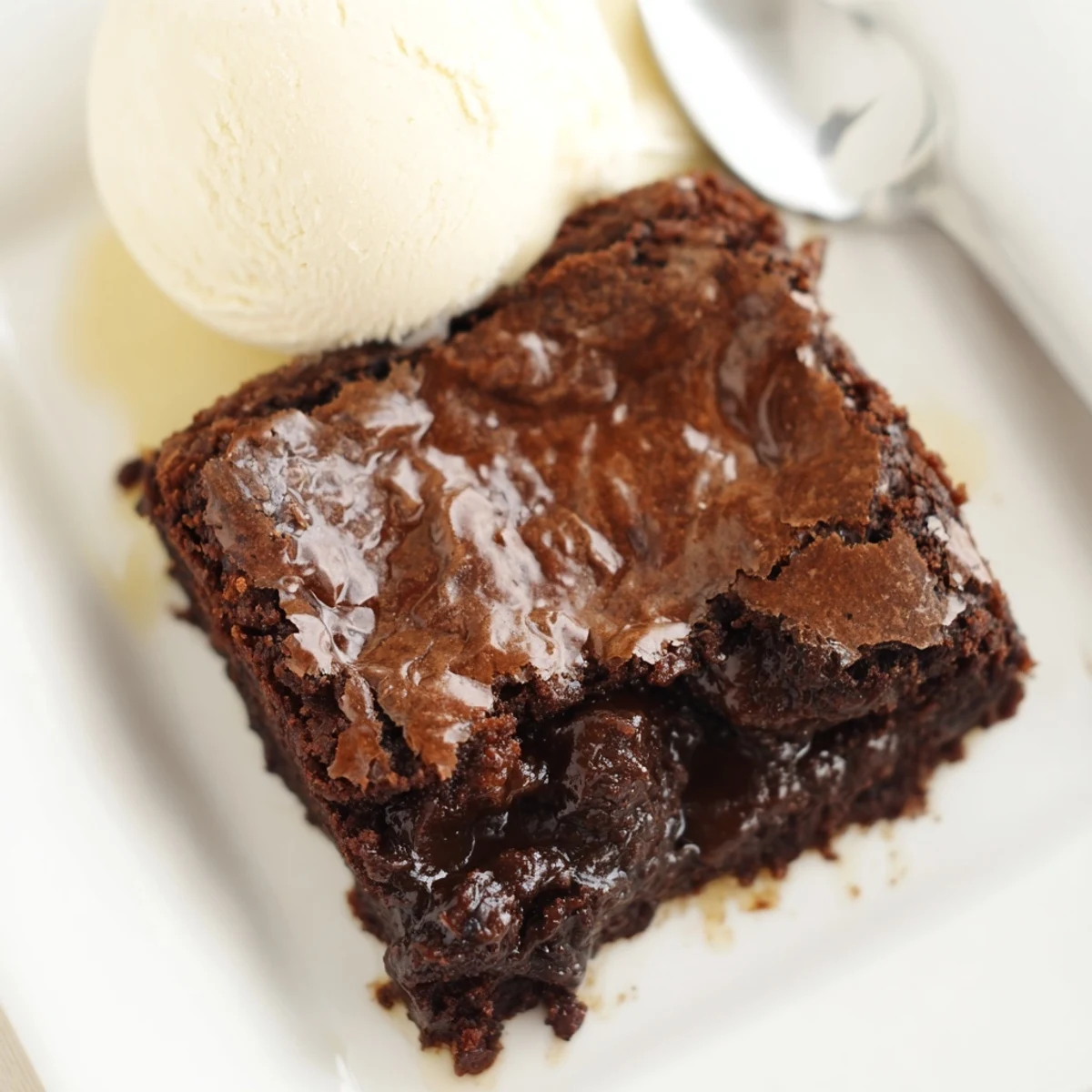 Indulge in a spoonful of Ina Garten's Brownie Pudding, revealing its molten, rich chocolate center.