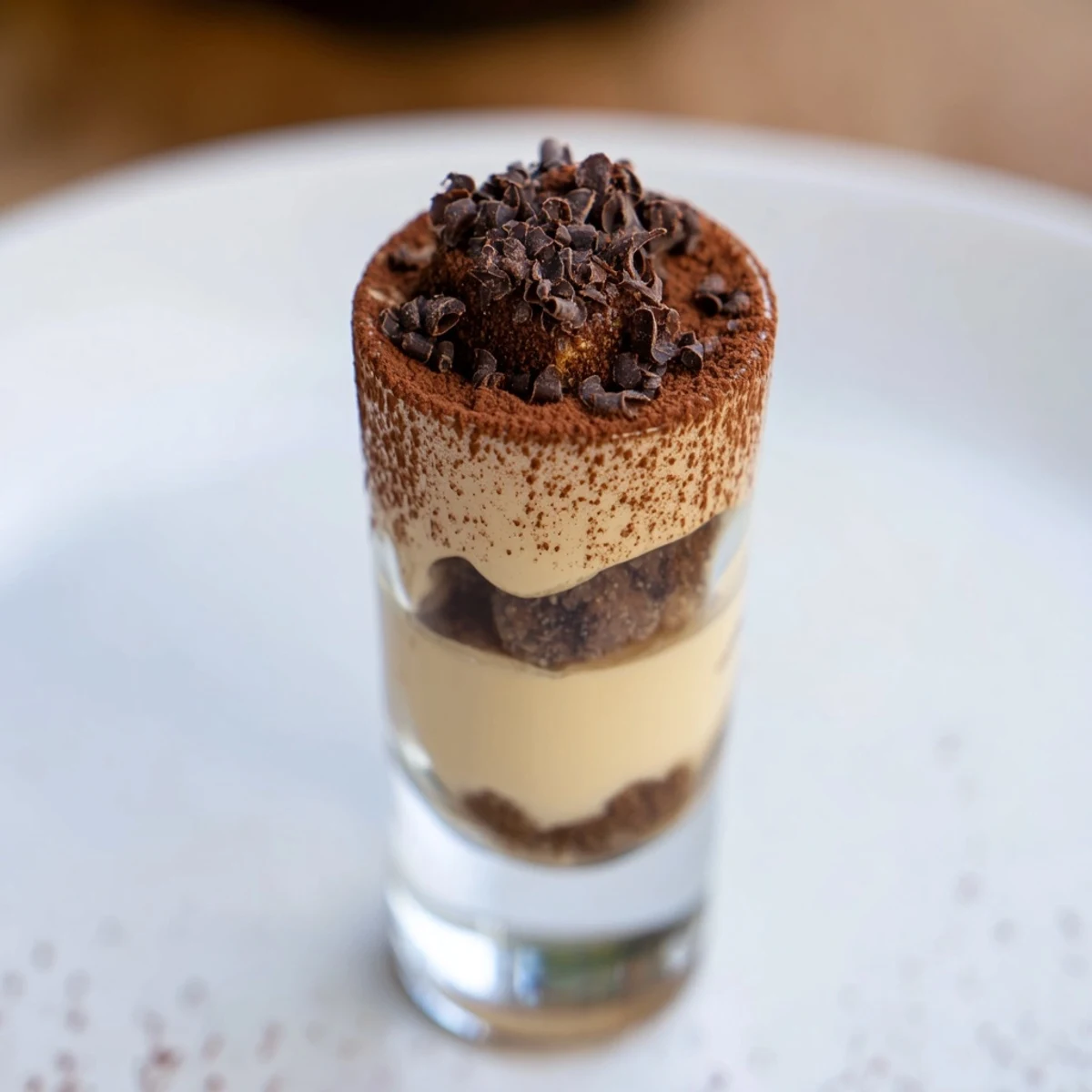Deconstructed tiramisu shots, picture-perfect, layered with creamy mascarpone, cocoa dust, and ladyfingers, ready to enjoy.