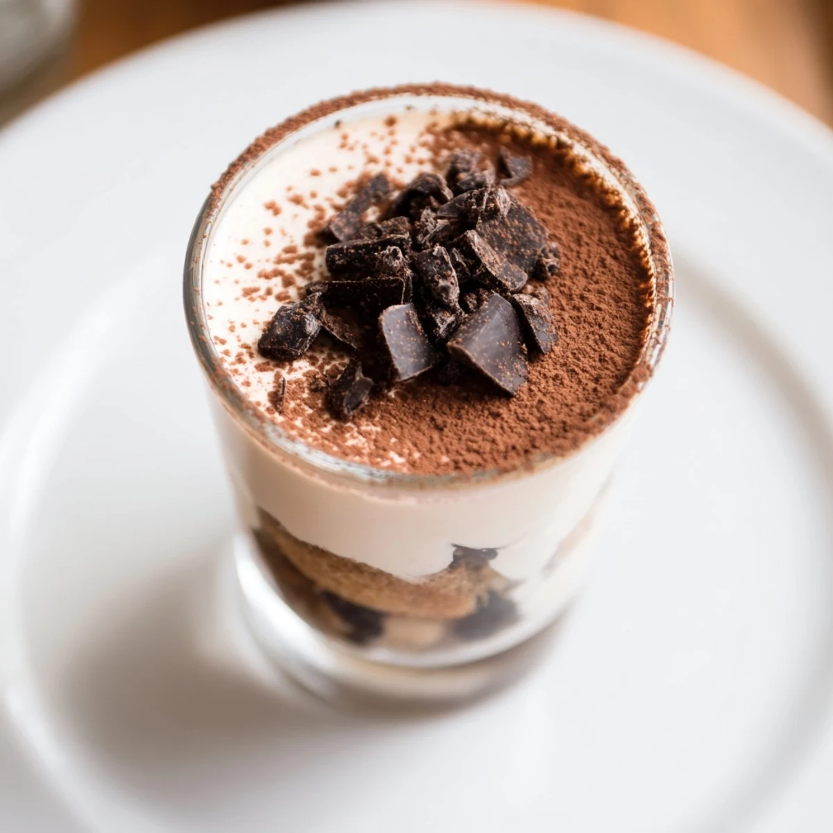 Individual glasses full of tempting deconstructed tiramisu shots feature cocoa sprinkled, espresso-soaked ladyfingers, with rich mascarpone.