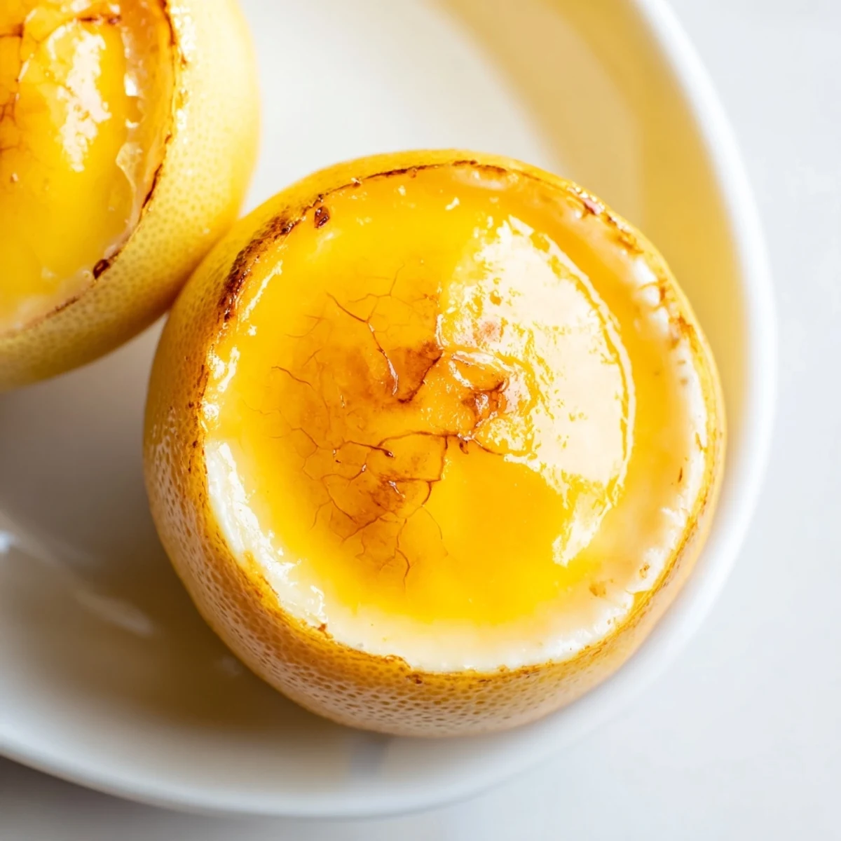 Creamy Lemon Brûlée Posset in lemon shells, topped with glistening, caramelized sugar.