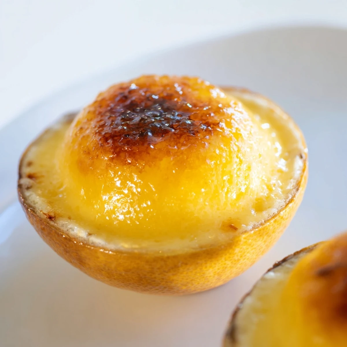 A close-up of a beautifully presented Lemon Brûlée Posset, ready to be enjoyed with a spoon.