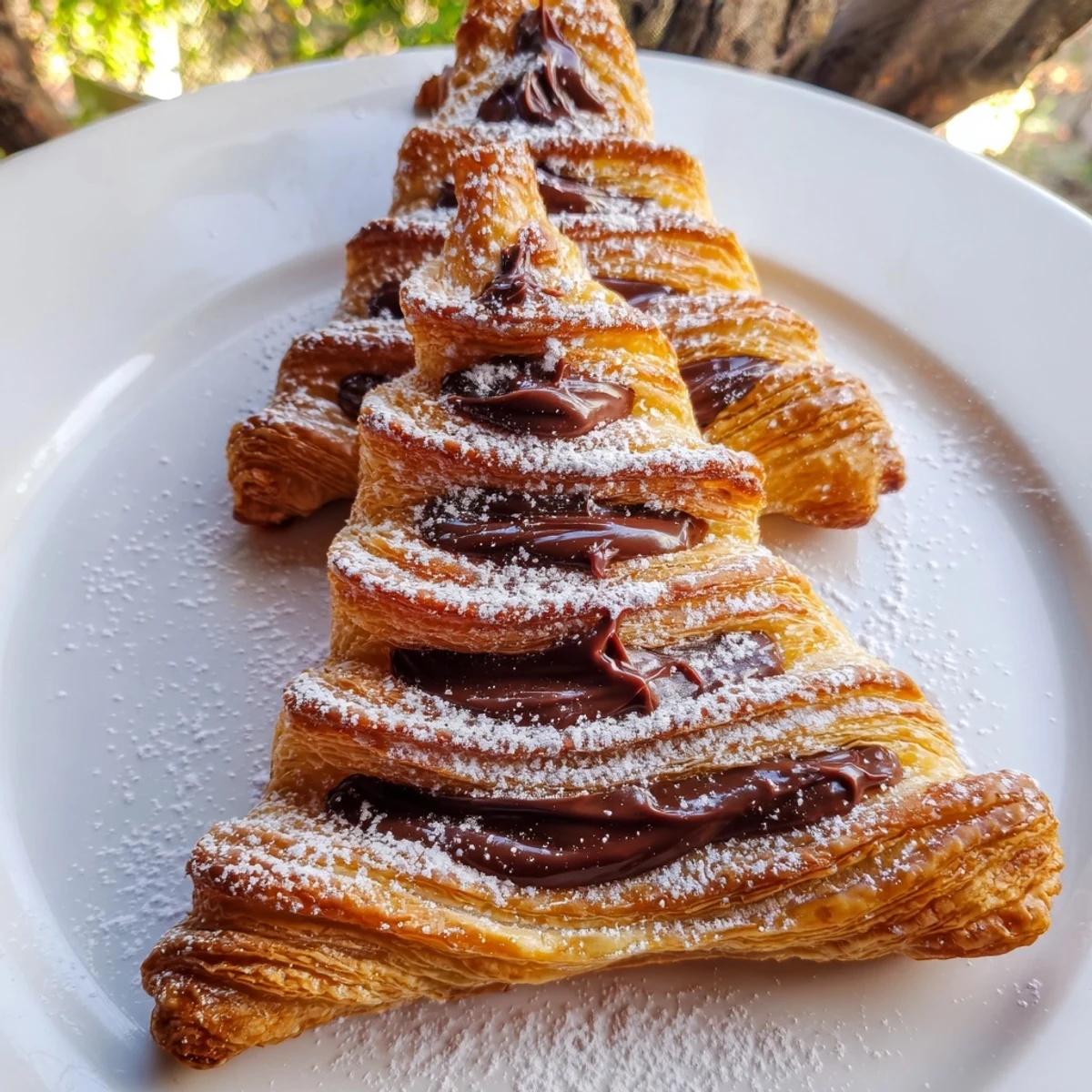 Golden-brown Nutella Pastry Christmas Trees, perfect for holiday gatherings, ready to savor warm with family.