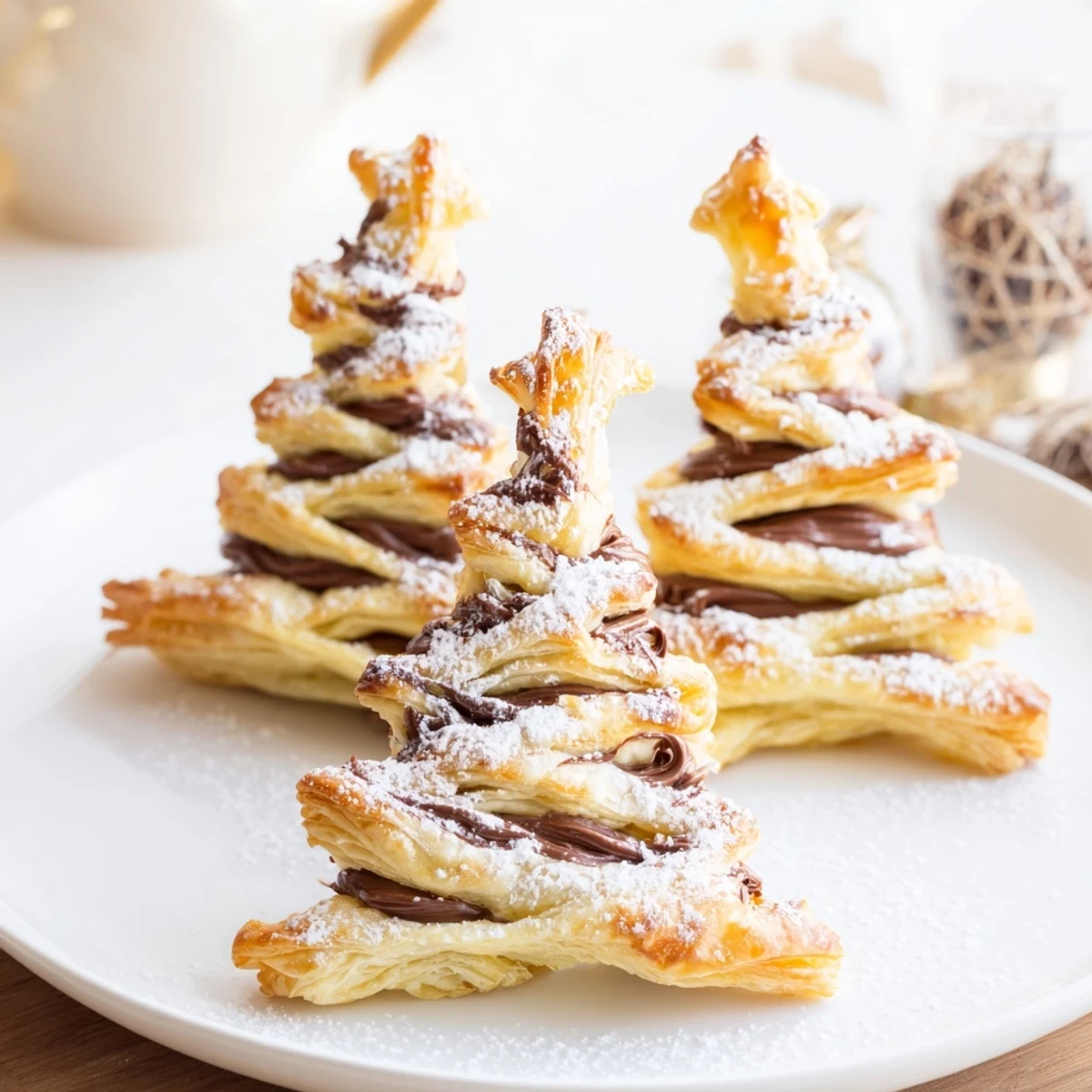 Festive and flaky: Homemade Nutella Pastry Christmas Trees dusted with powdered sugar, a delightful dessert.