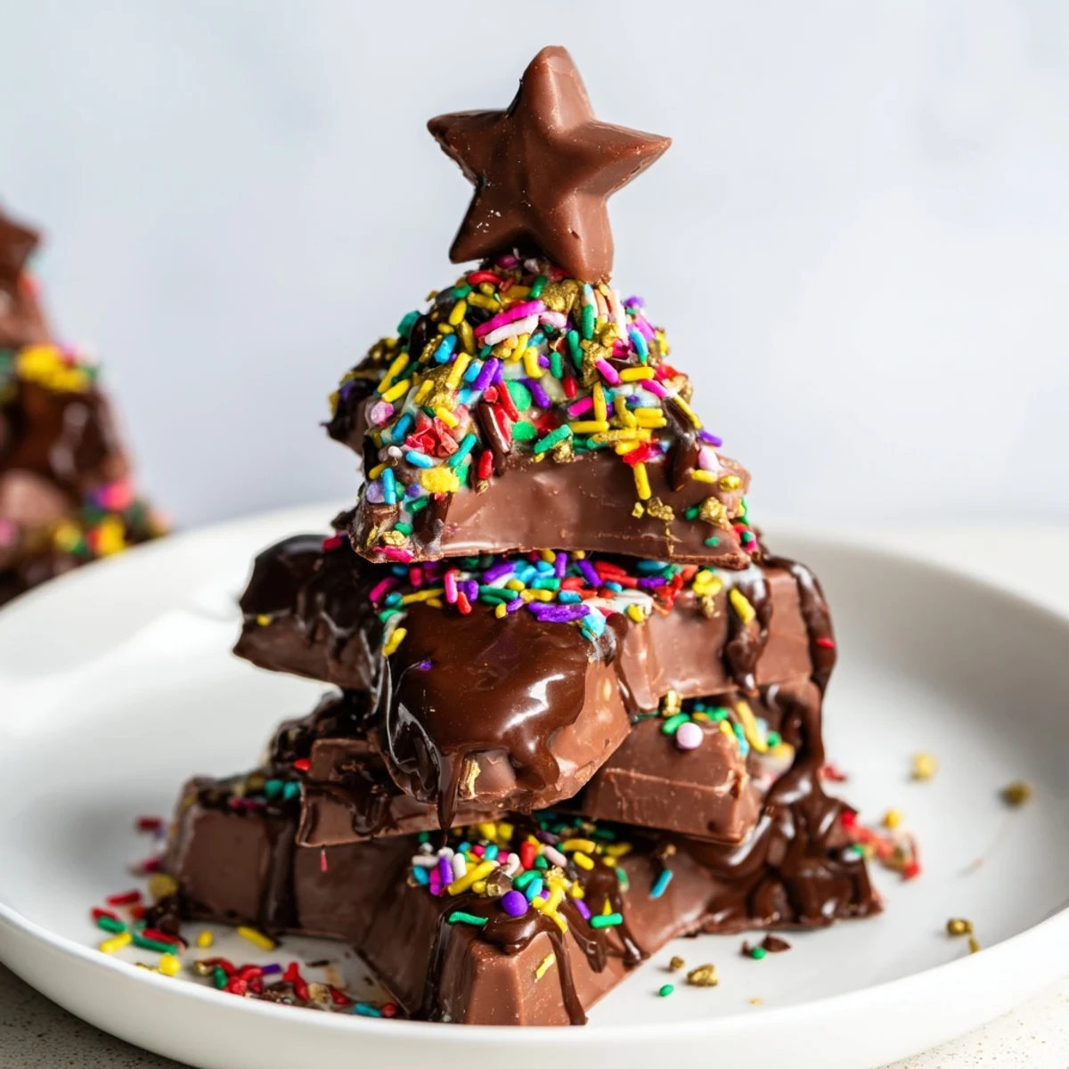 Delightful stacked Chocolate Kinder Christmas Trees, ready to be decorated with cheerful sprinkles and shiny star candies.