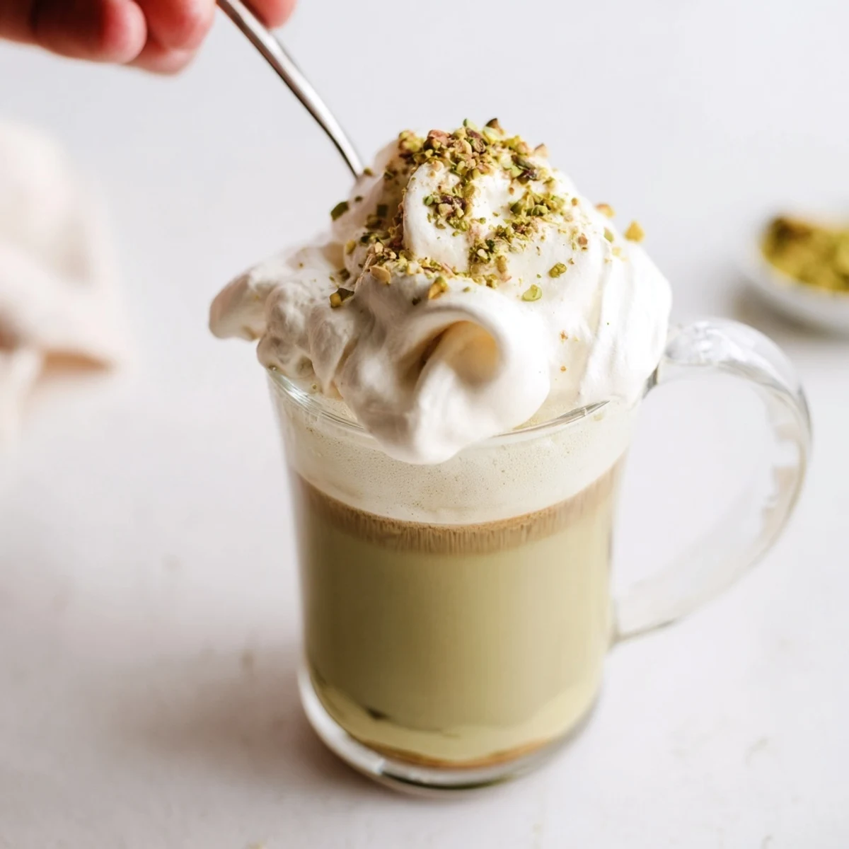 A beautiful, Instagram-worthy Pistachio Latte with a sprinkle of pistachios, ready to enjoy.