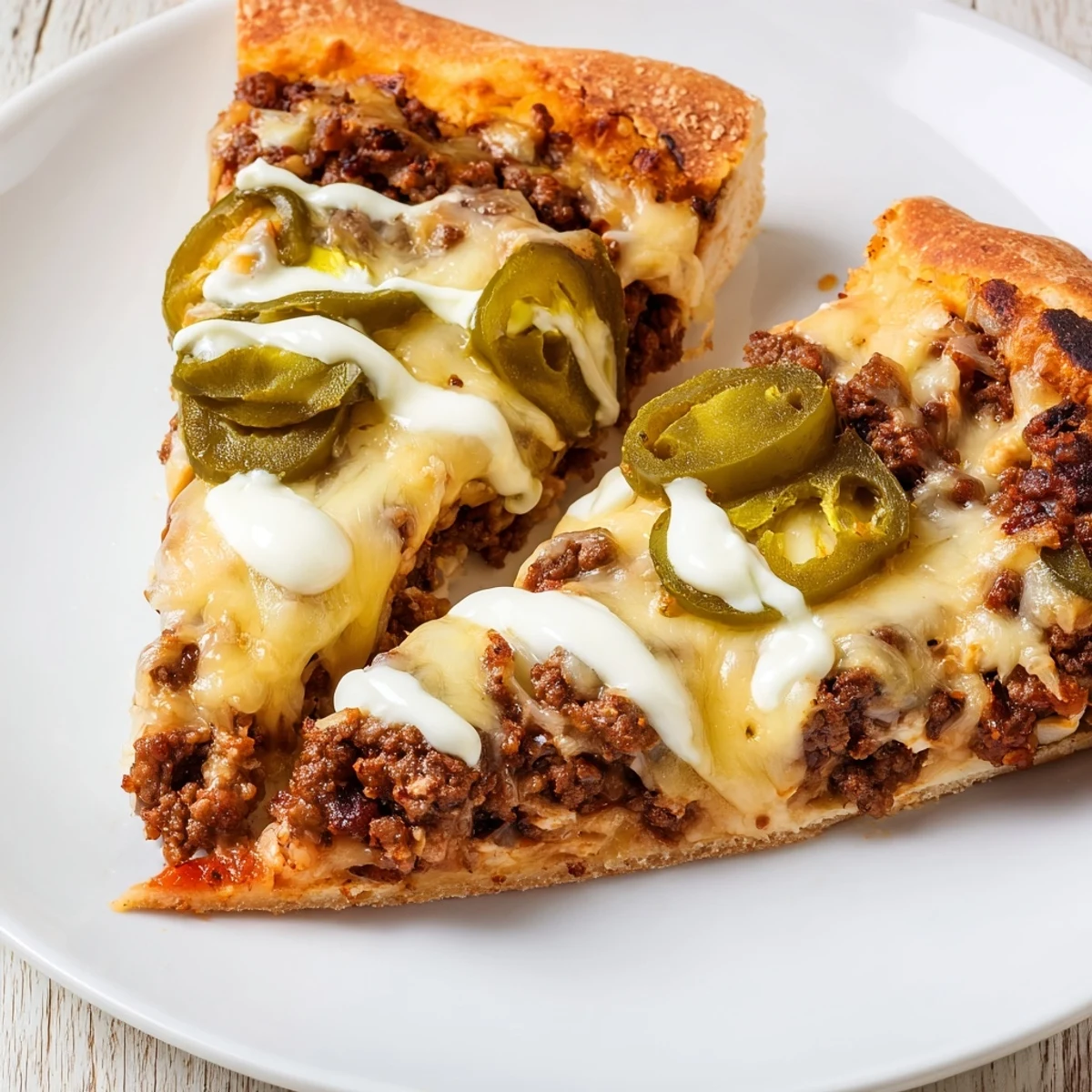 Close-up of a fully-loaded Ground Beef Taco Pizza with sizzling ground beef and fresh toppings.