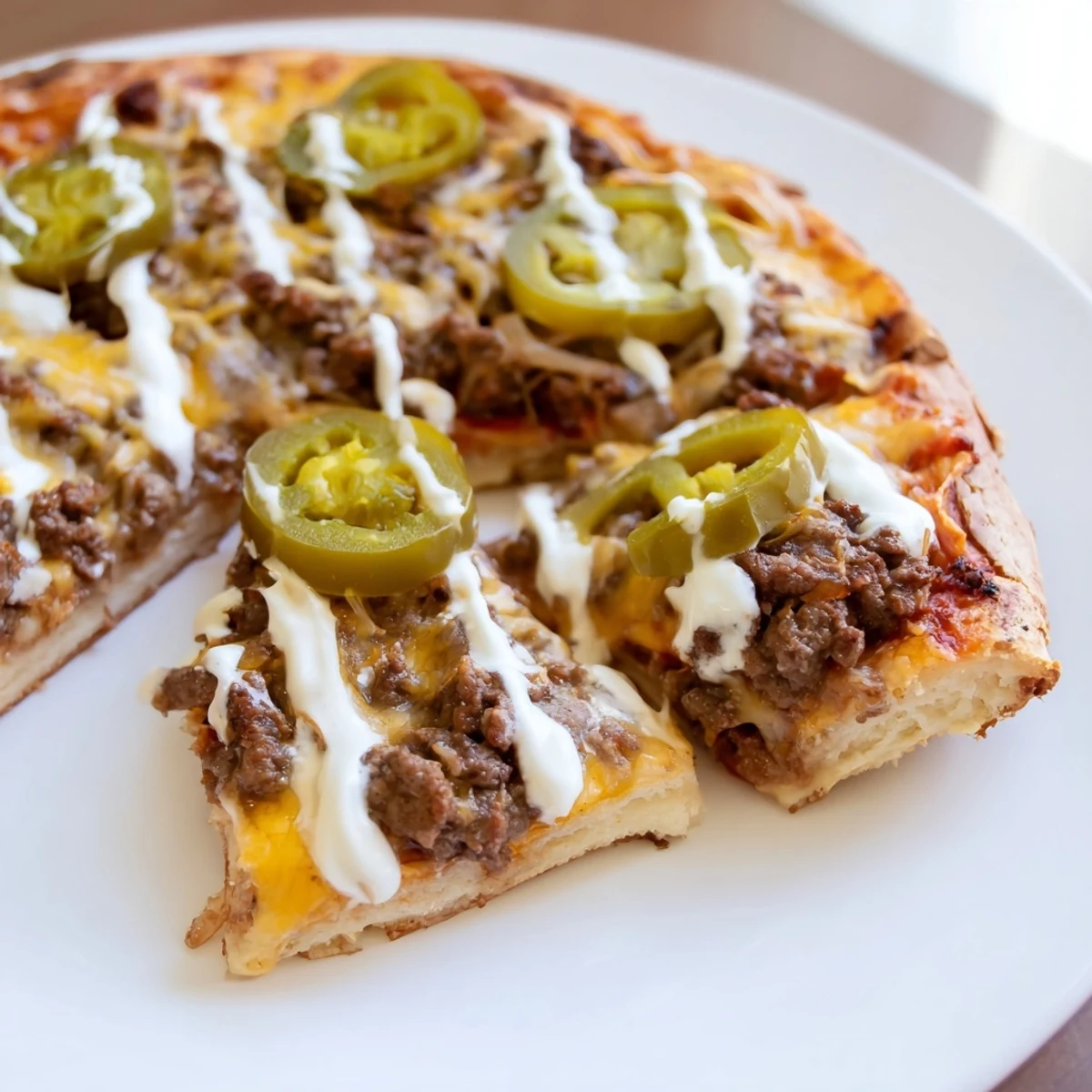 Enjoy a slice of homemade Ground Beef Taco Pizza, perfect for a Tex-Mex family dinner packed with flavor.